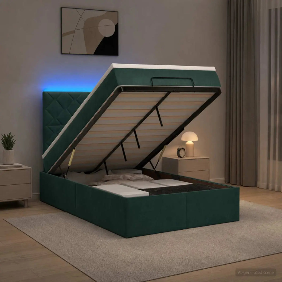 Lit coffre avec matelas et LED Vert foncé 120 x 200 cm Velours - XIOS