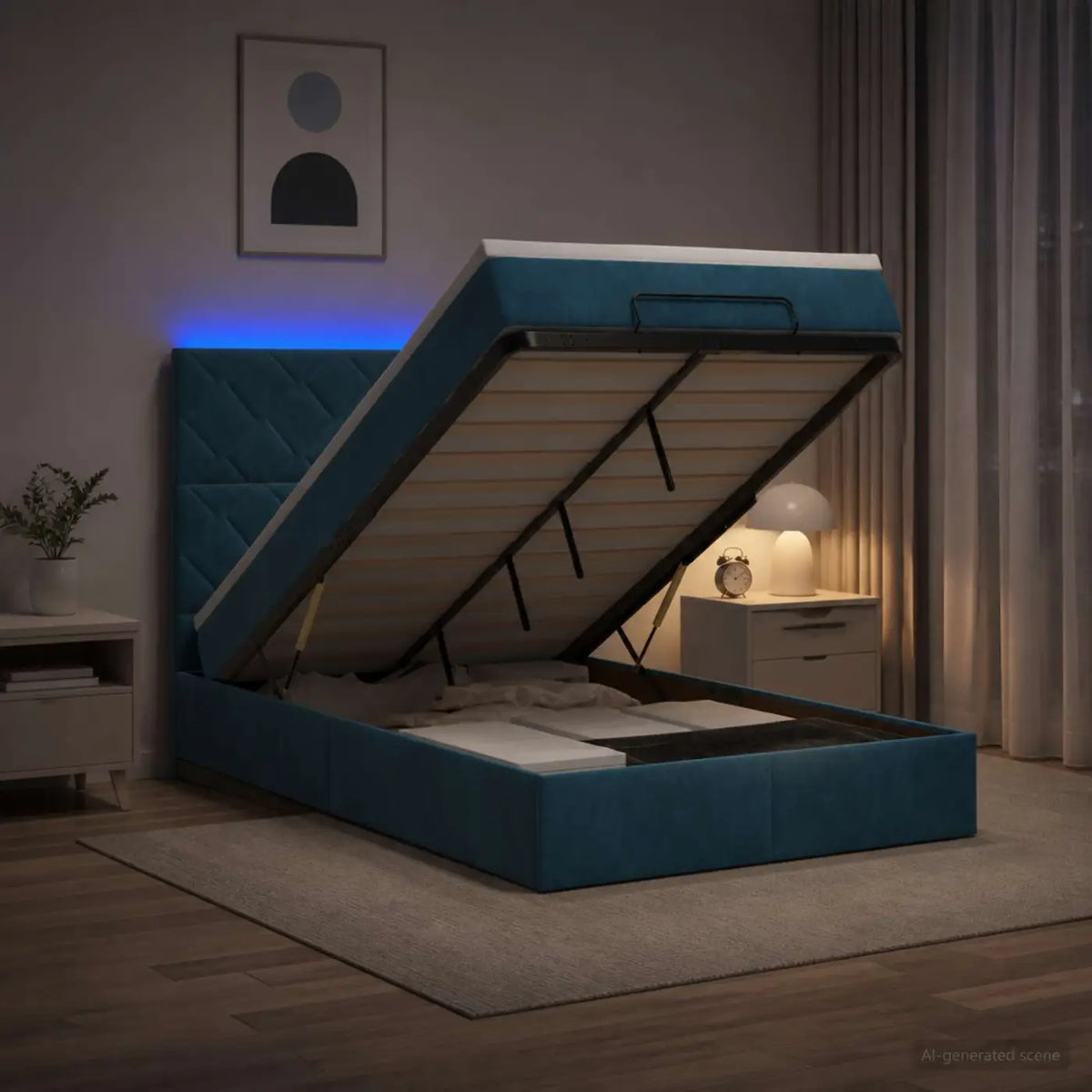 Lit coffre avec matelas et LED Bleu foncé 120 x 190 cm Velours - XIOS