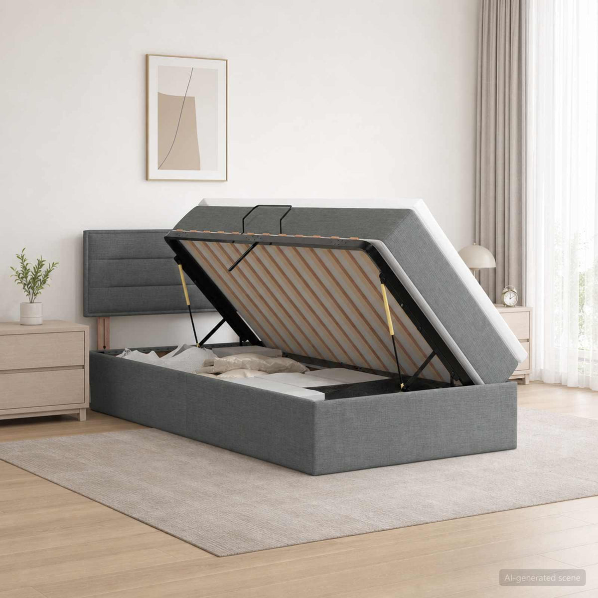 Lit de rangement LED avec matelas Gris foncé 90 x 190 cm Tissu