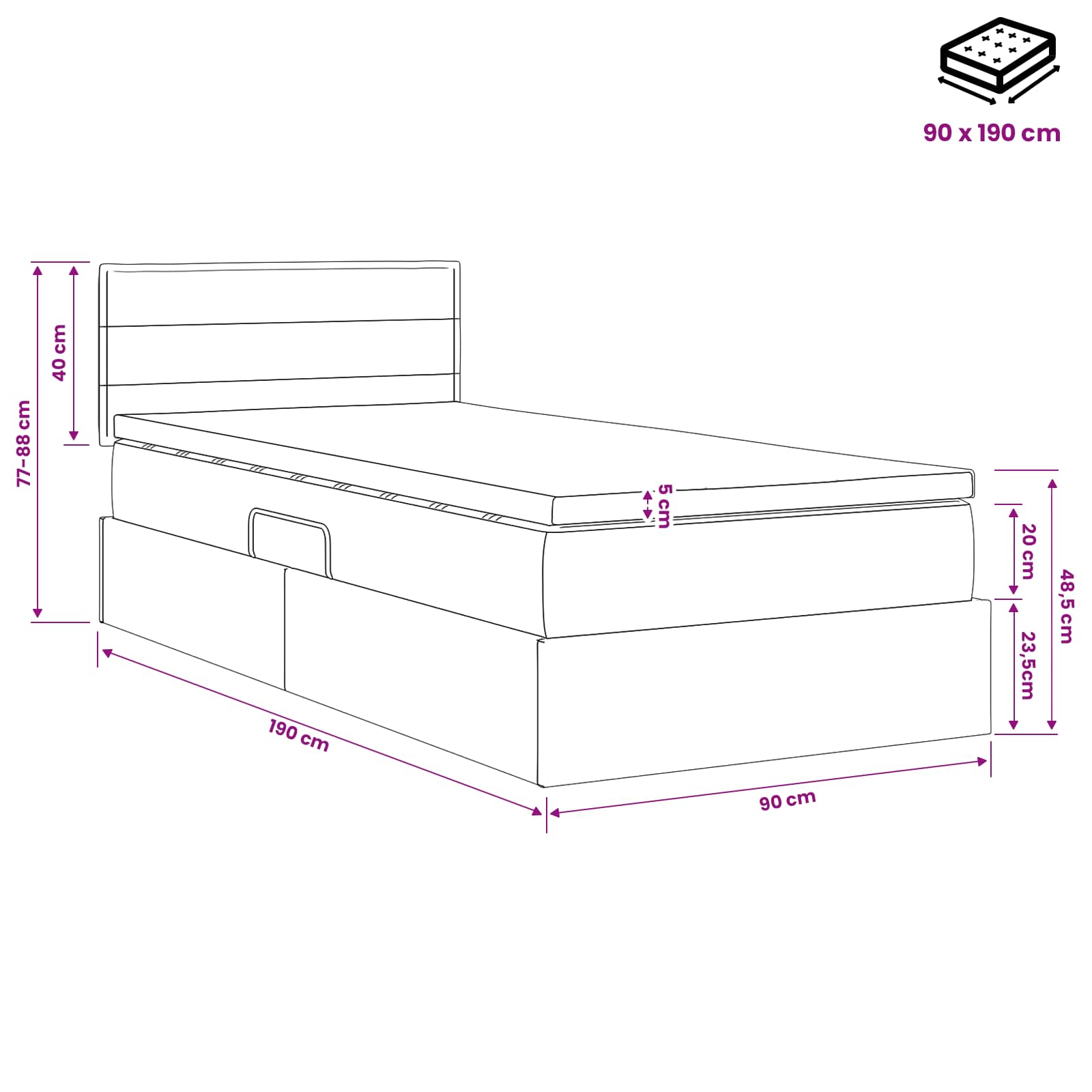 Lit avec rangement et matelas Noir 90 x 190 cm Velours