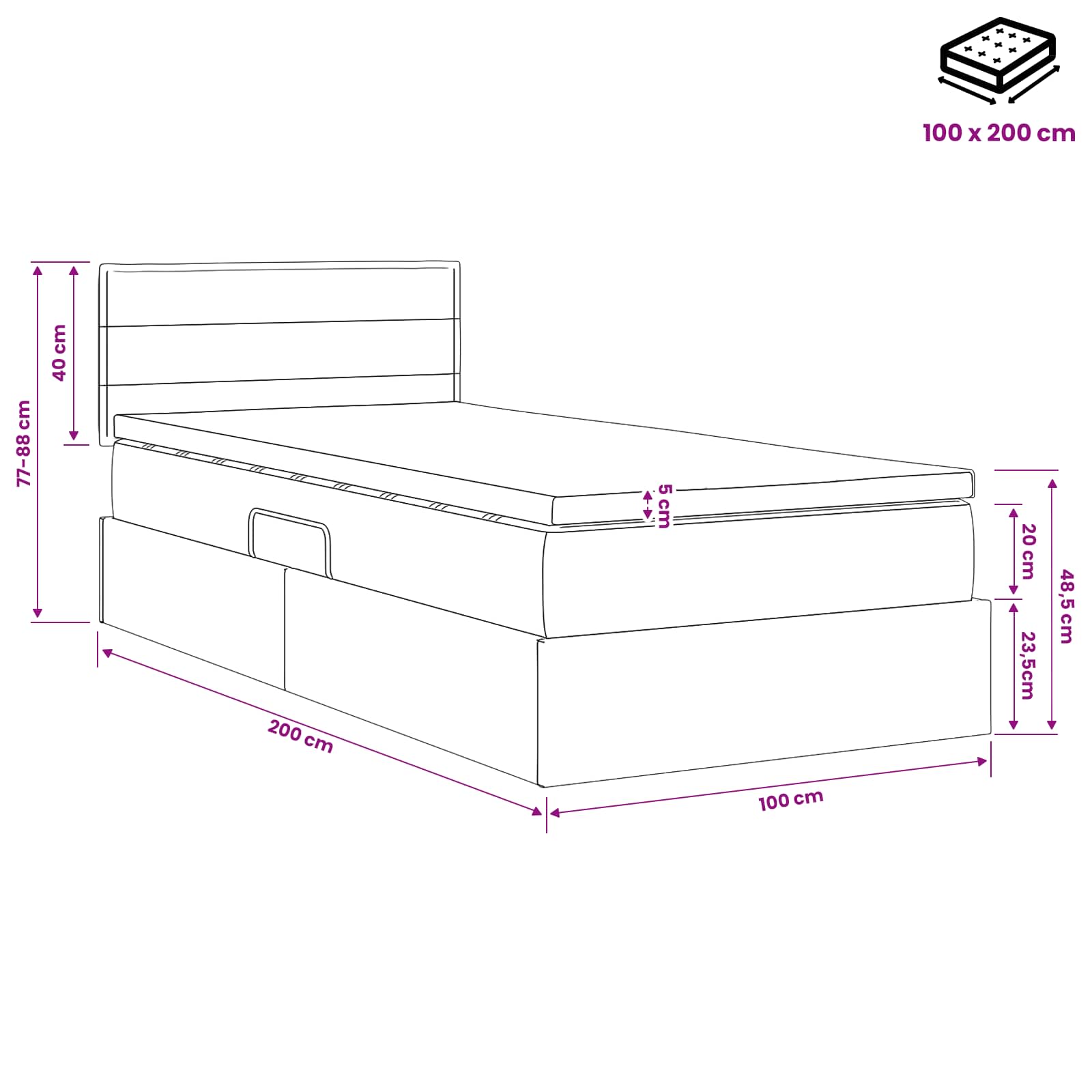 Lit avec rangement et matelas Crème 100 x 200 cm Velours