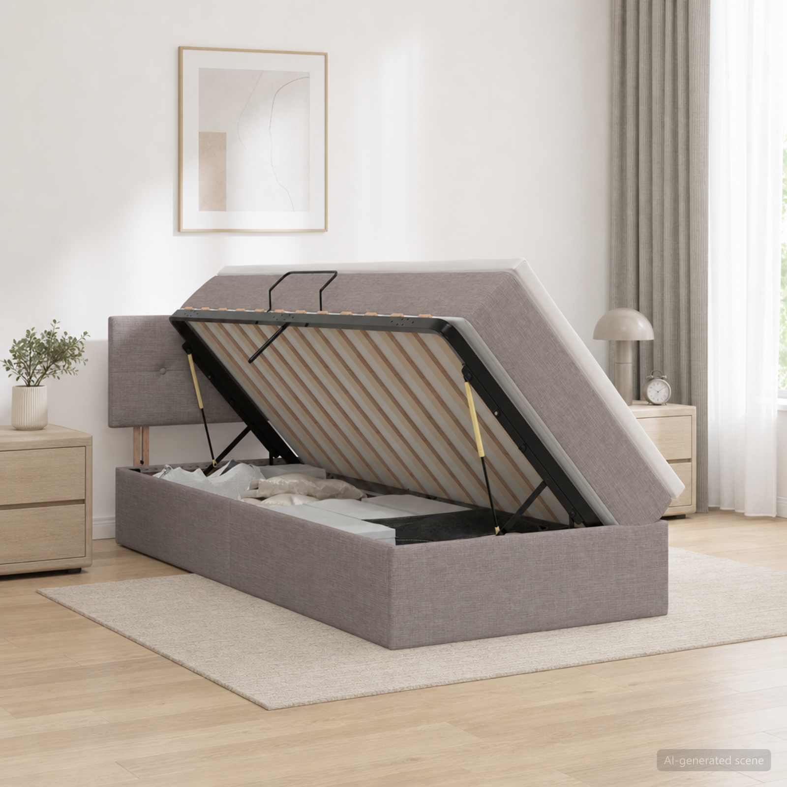 Lit de rangement LED avec matelas Taupe 100 x 200 cm Tissu
