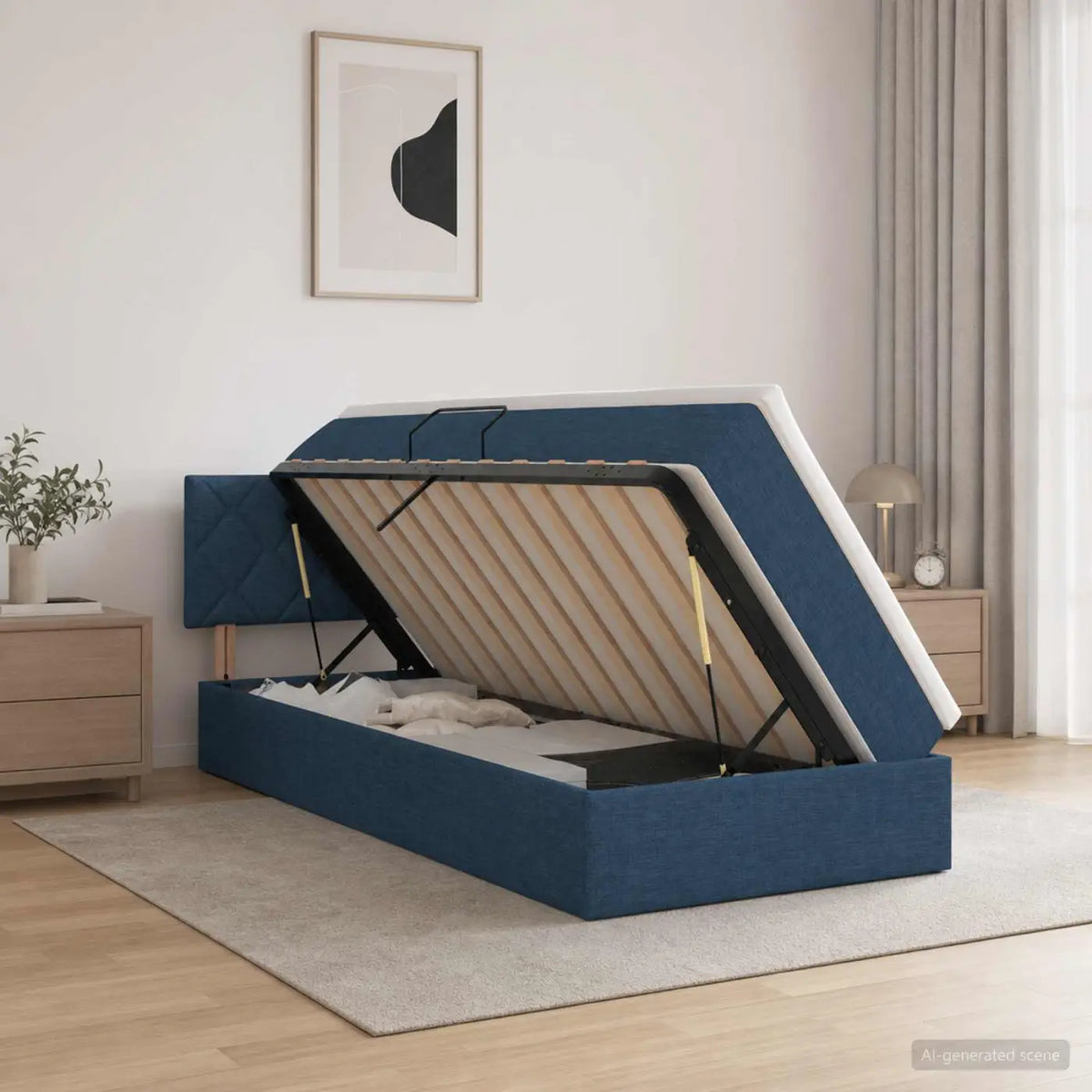 Lit de rangement LED avec matelas Bleu 90 x 200 cm Tissu - XIOS