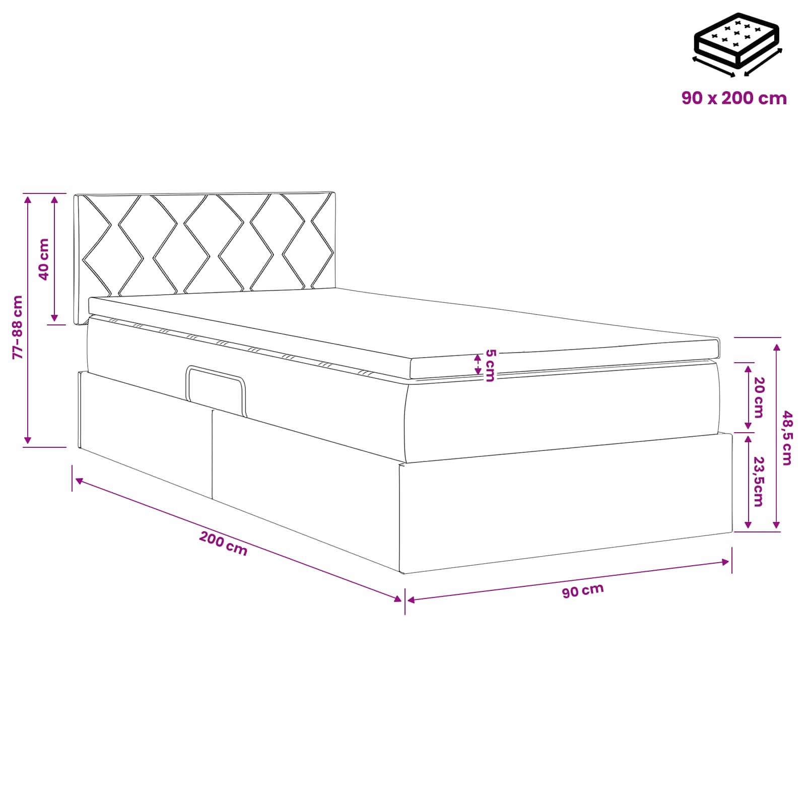 Lit avec rangement et matelas Taupe 90 x 200 cm Velours