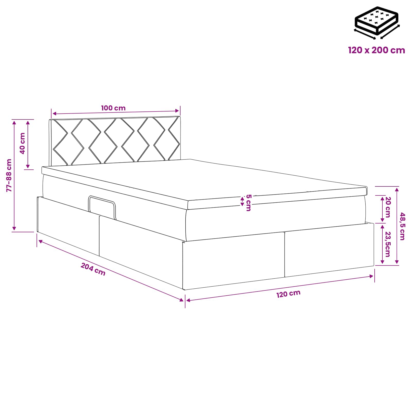 Lit avec rangement et matelas Gris foncé 120 x 200 cm Velours - XIOS