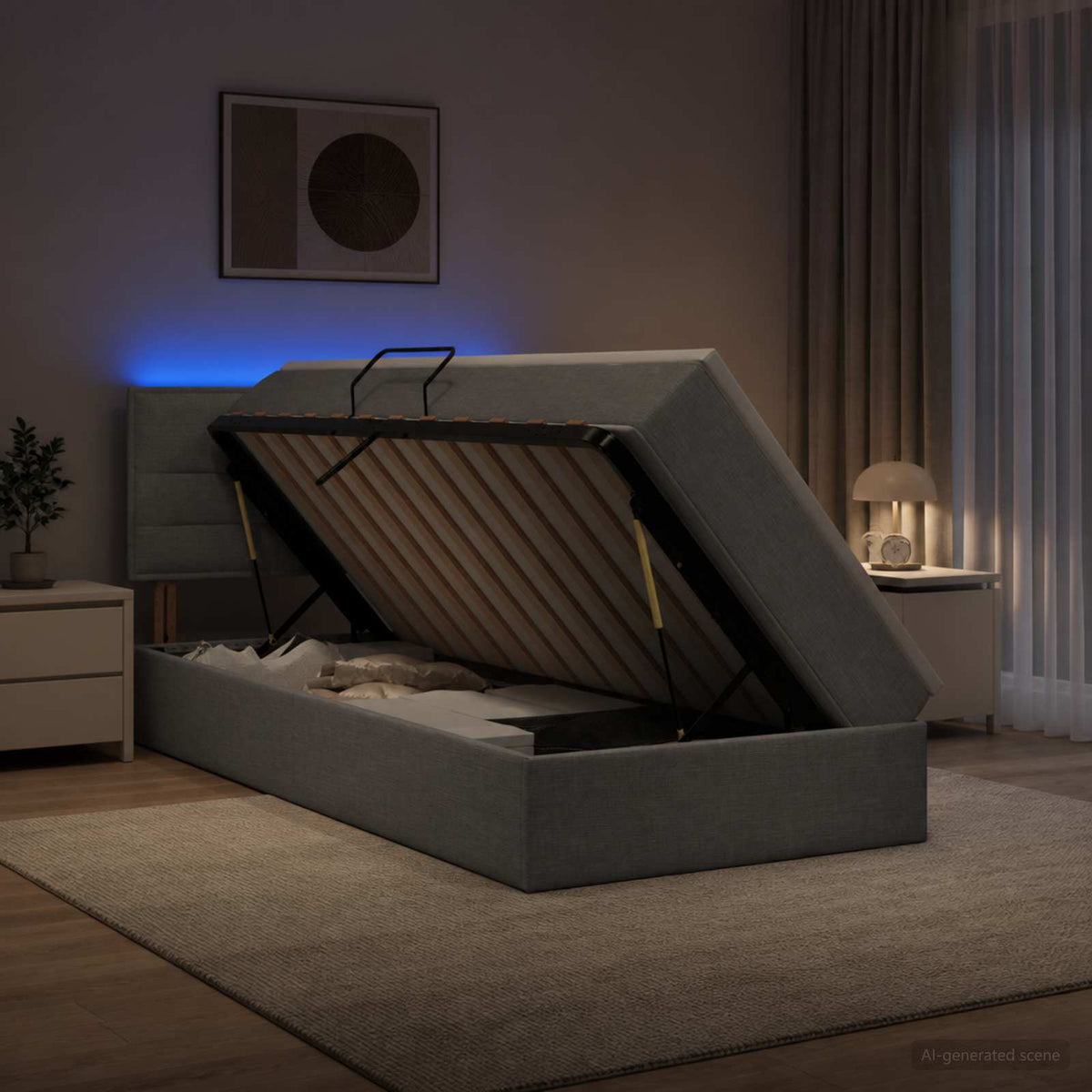 Lit de rangement LED avec matelas Gris clair 100 x 200 cm Tissu