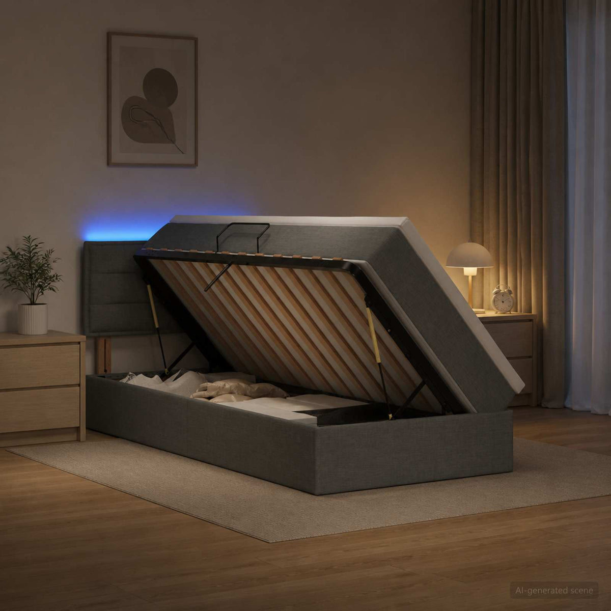 Lit de rangement LED avec matelas Gris foncé 90 x 190 cm Tissu
