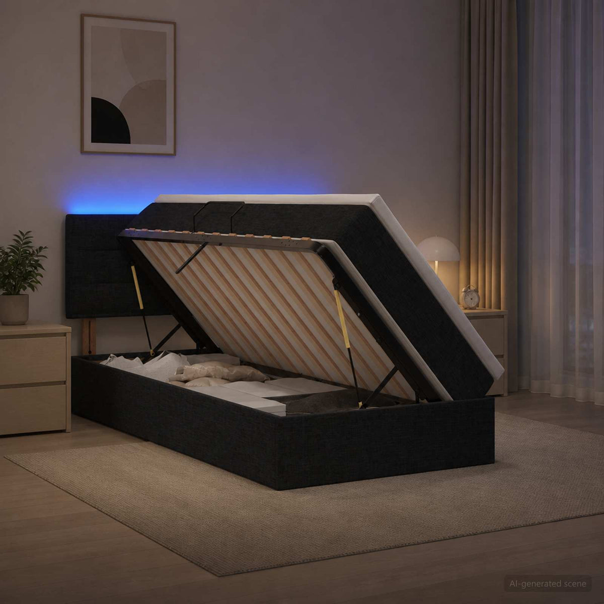 Lit de rangement LED avec matelas Noir 90 x 200 cm Tissu - XIOS