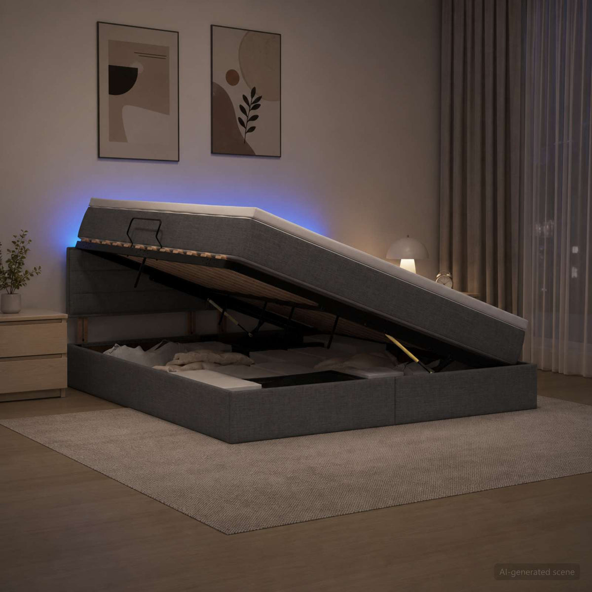 Lit de rangement LED avec matelas Gris foncé 140 x 200 cm Tissu