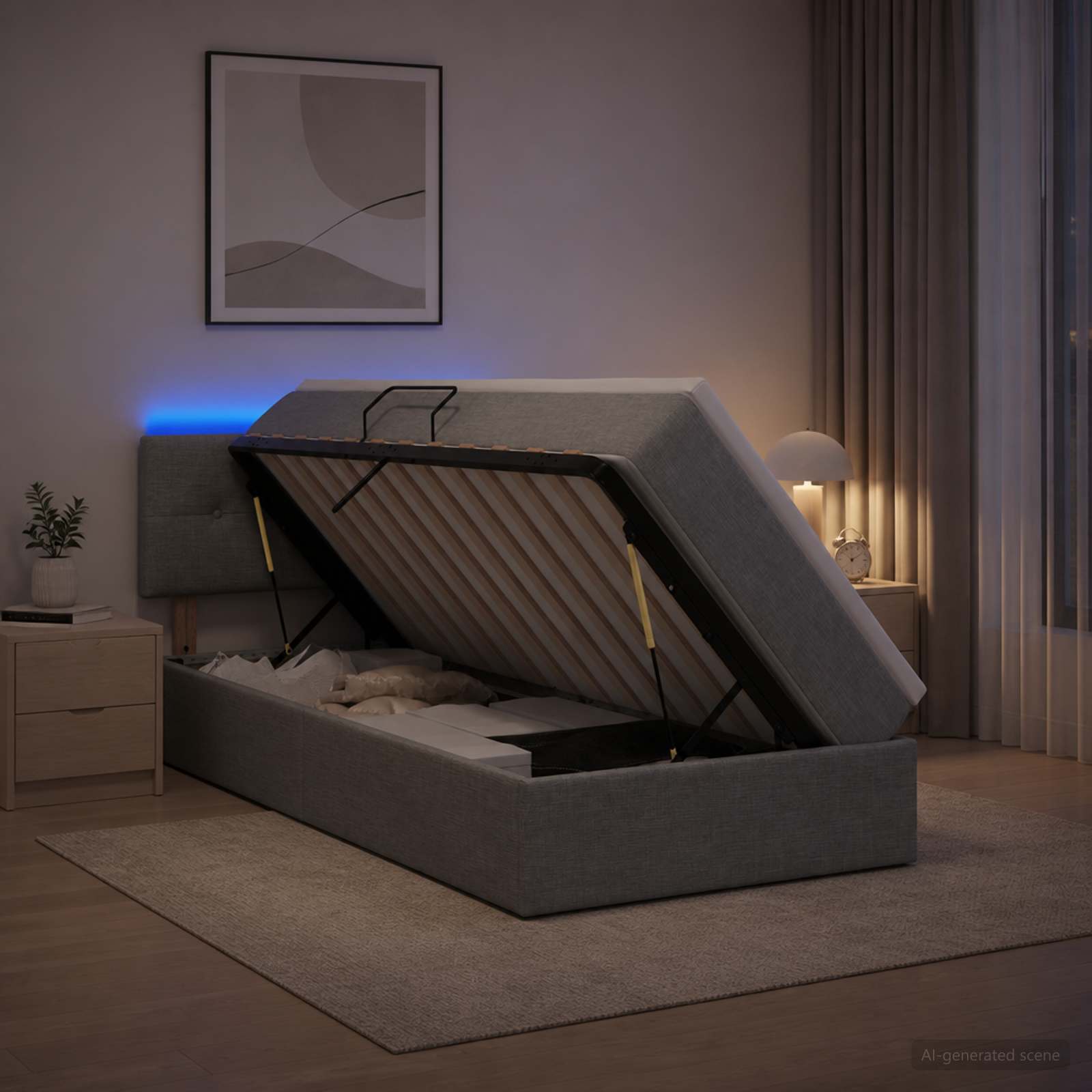 Lit de rangement LED avec matelas Gris clair 100 x 200 cm Tissu