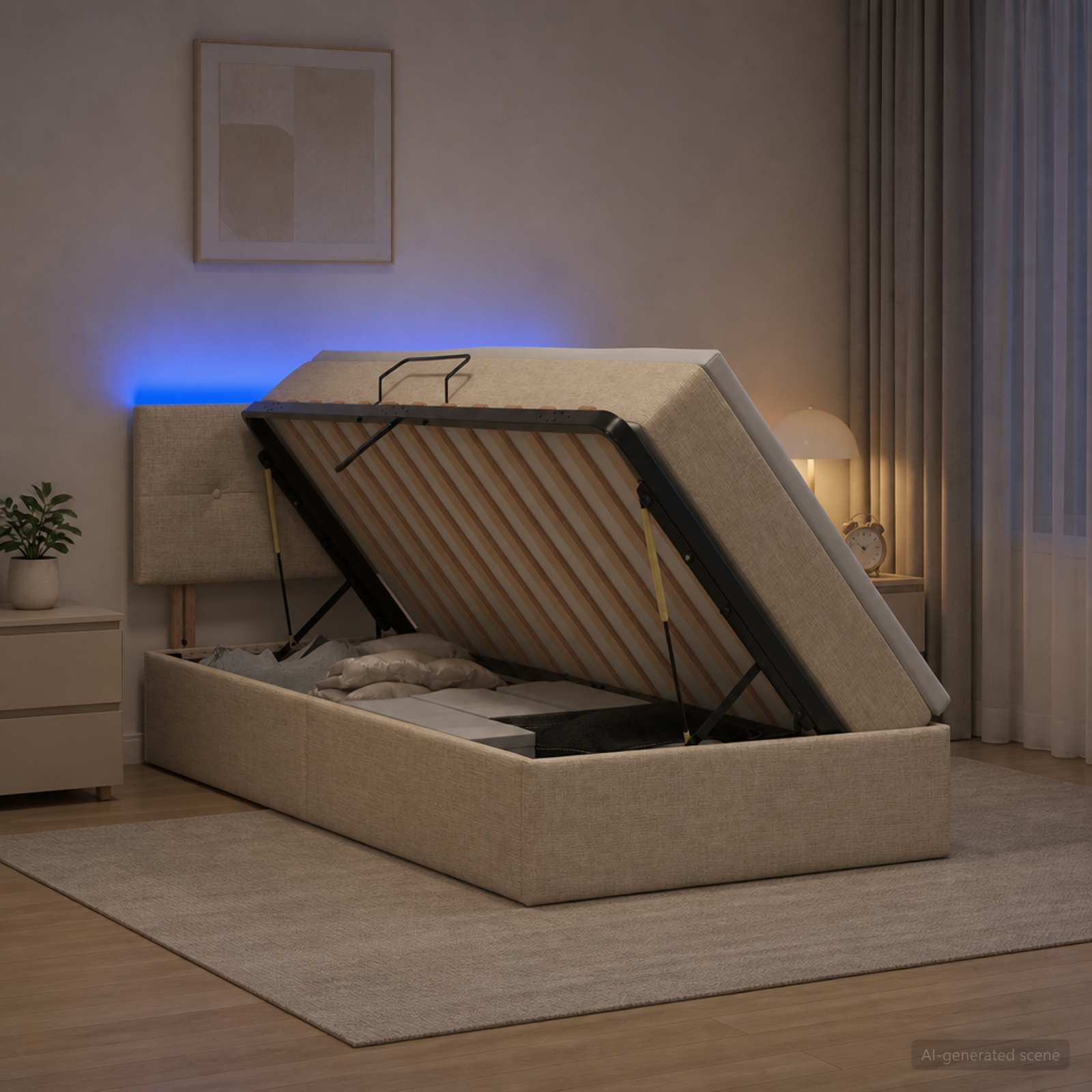 Lit de rangement LED avec matelas Crème 100 x 200 cm Tissu