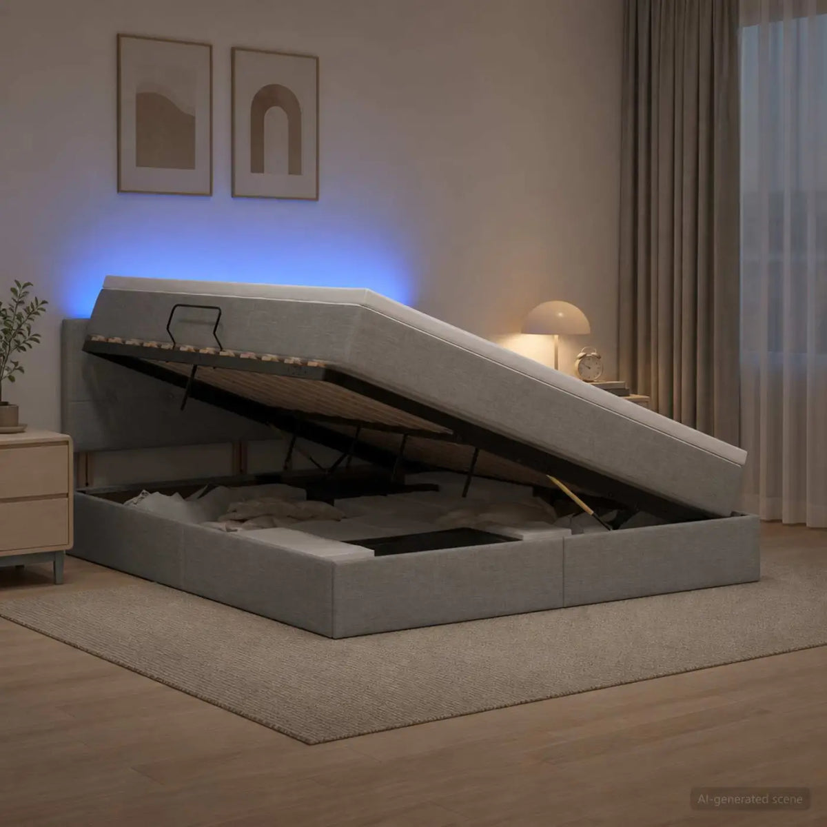 Lit de rangement LED avec matelas Gris clair 140 x 200 cm Tissu - XIOS
