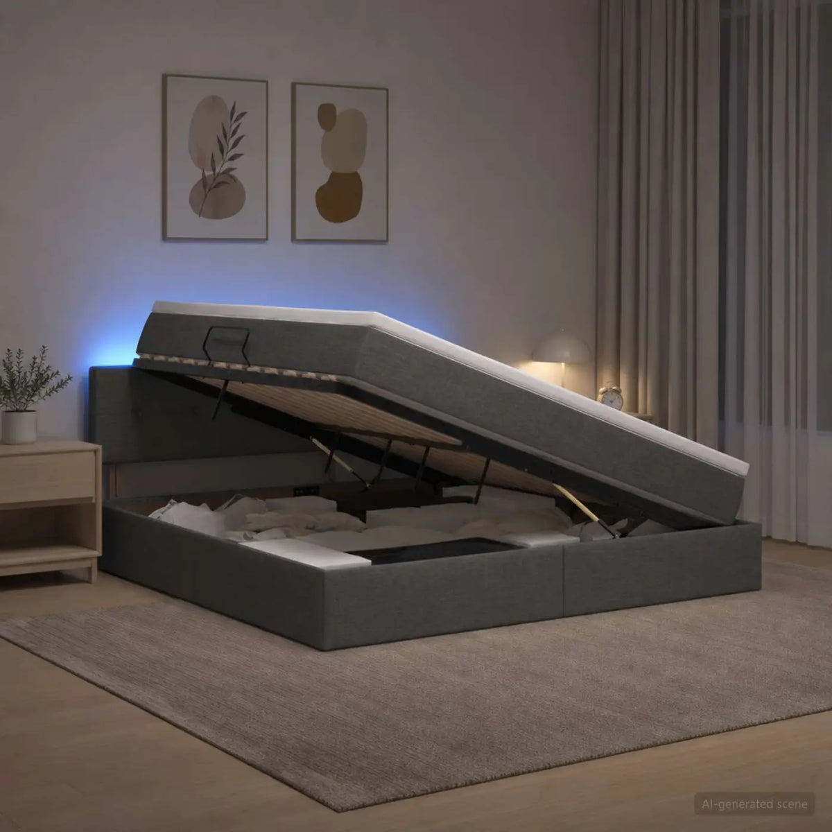 Lit de rangement LED avec matelas Gris foncé 140 x 200 cm Tissu - XIOS