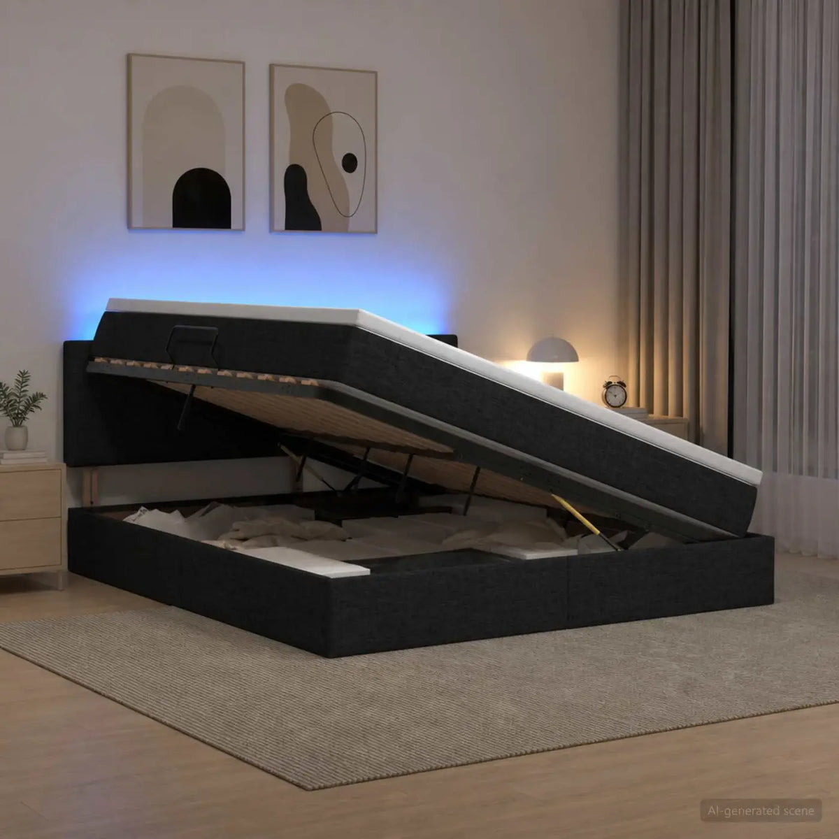 Lit de rangement LED avec matelas Noir 140 x 190 cm Tissu - XIOS