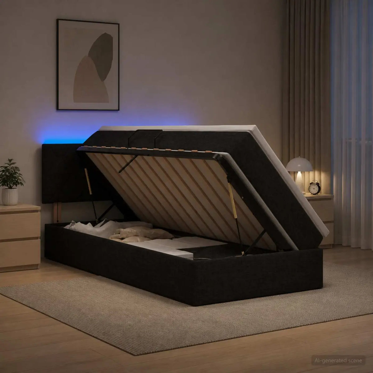 Lit de rangement LED avec matelas Noir 90 x 200 cm Tissu - XIOS
