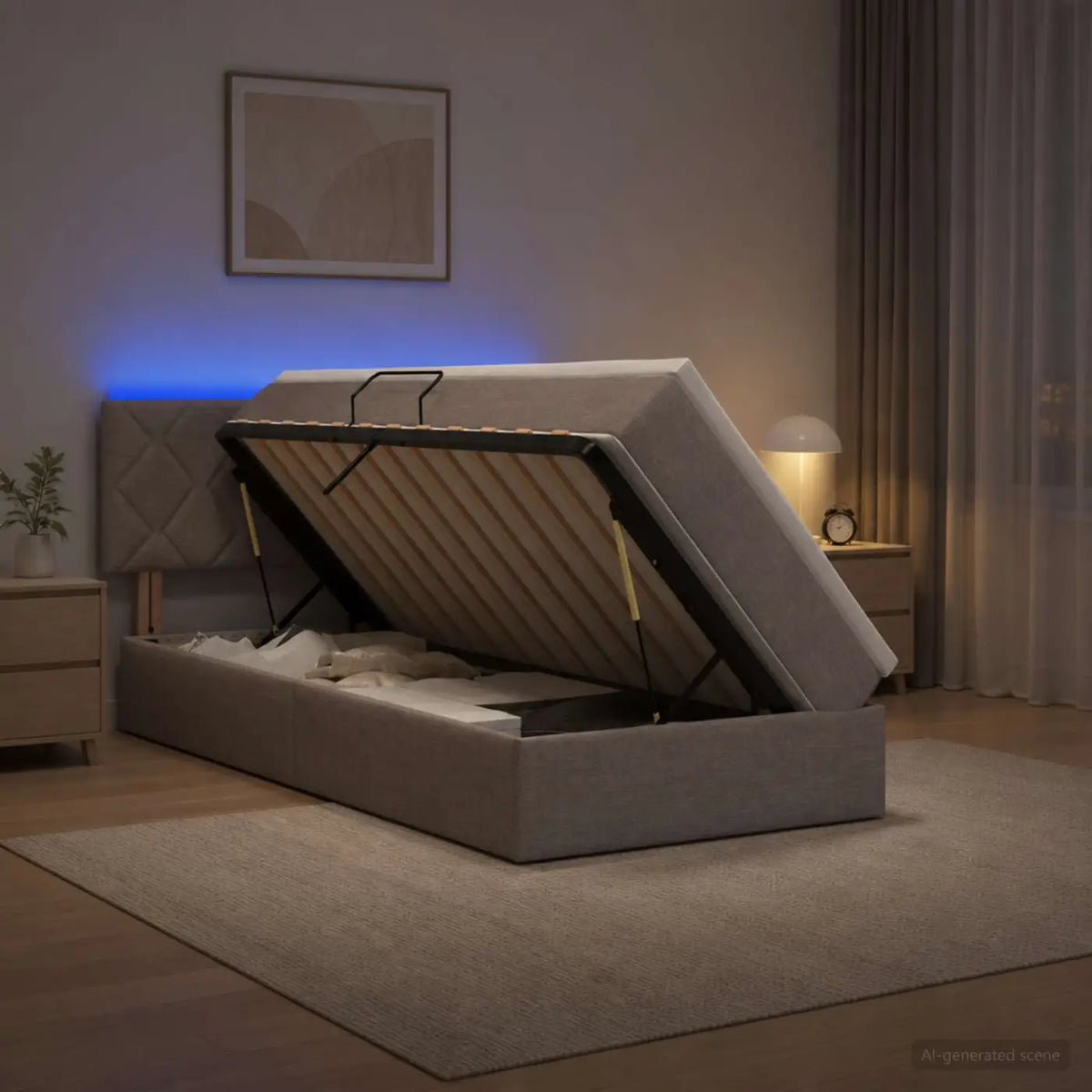 Lit de rangement LED avec matelas Taupe 100 x 200 cm Tissu - XIOS