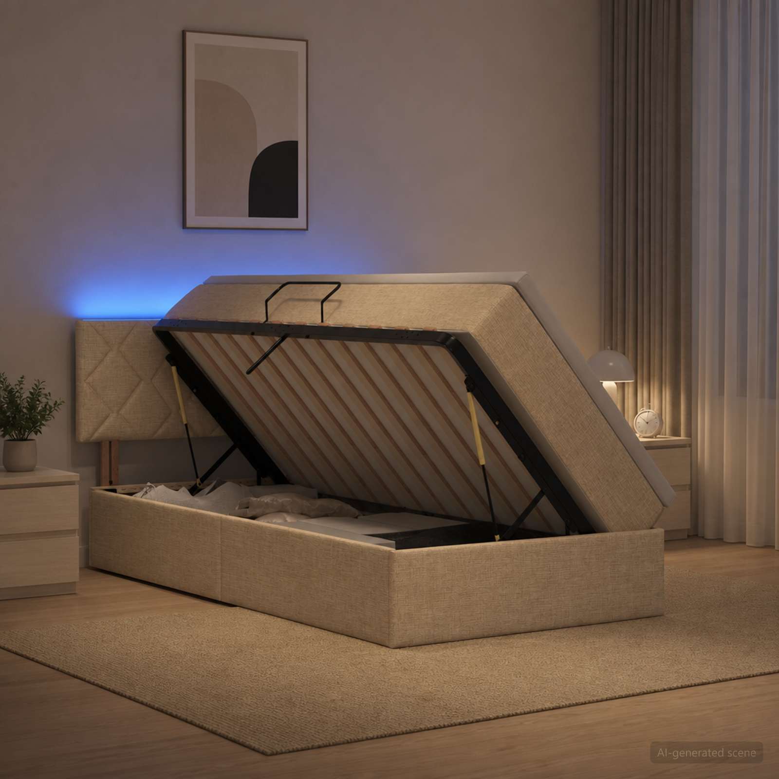 Lit de rangement LED avec matelas Crème 100 x 200 cm Tissu