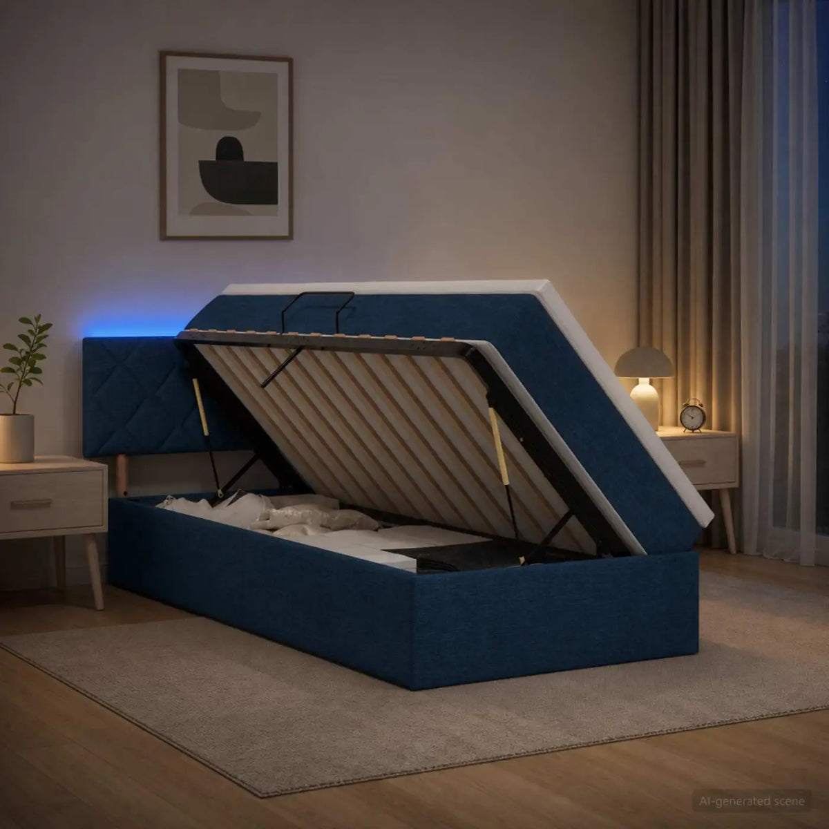 Lit de rangement LED avec matelas Bleu 90 x 200 cm Tissu - XIOS