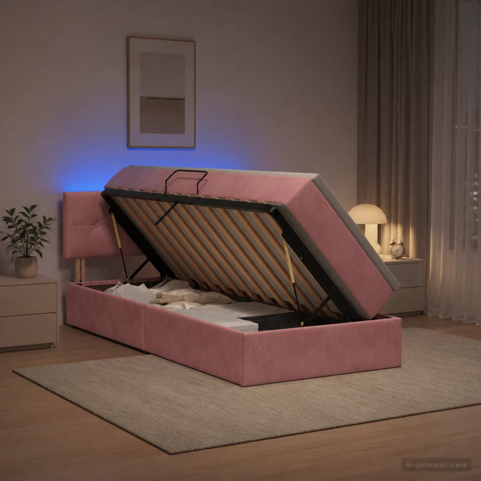 Lit de rangement LED avec matelas Rose 100 x 200 cm Velours