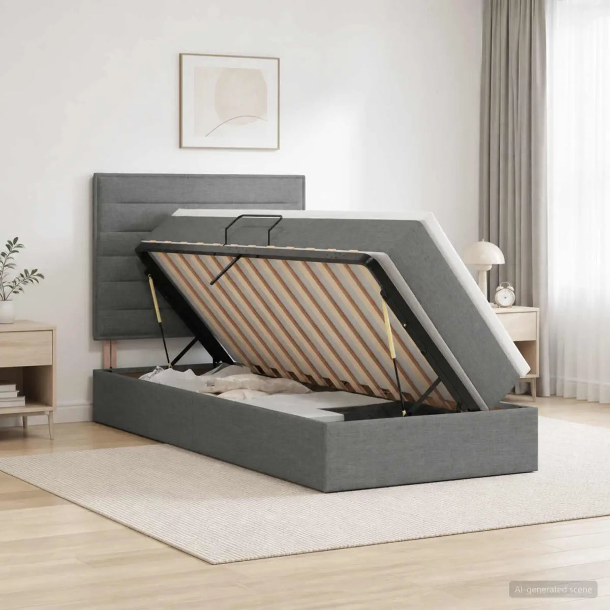 Lit de rangement LED avec matelas Gris foncé 90 x 200 cm Tissu - XIOS