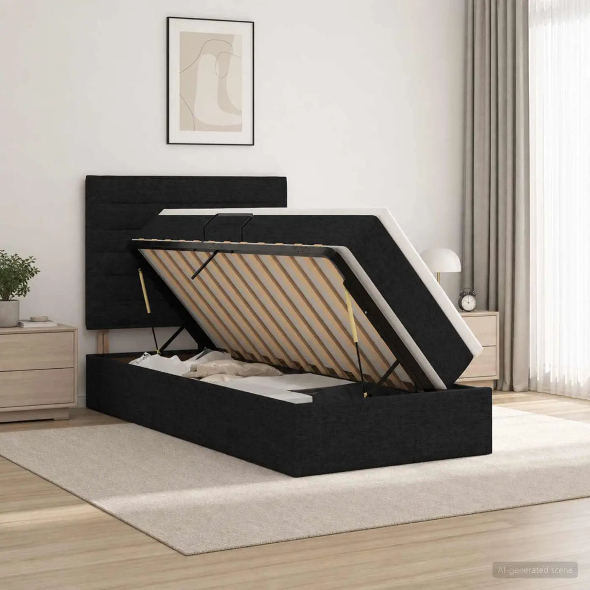 Lit de rangement LED avec matelas Noir 90 x 200 cm Tissu - XIOS