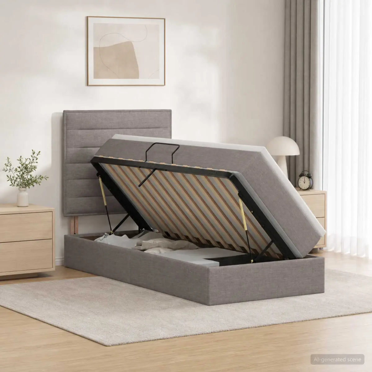 Lit de rangement LED avec matelas Taupe 100 x 200 cm Tissu - XIOS