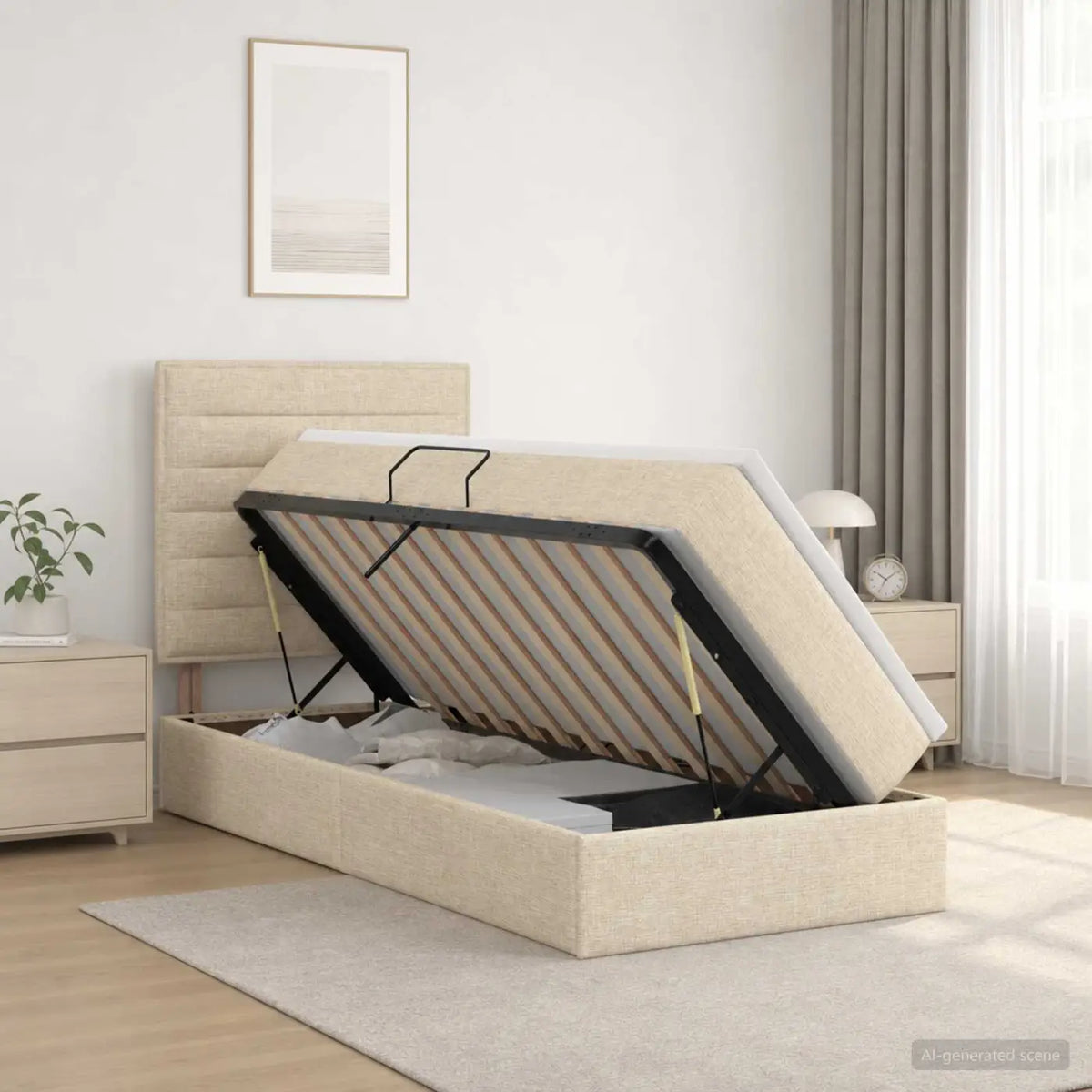 Lit de rangement LED avec matelas Crème 100 x 200 cm Tissu - XIOS