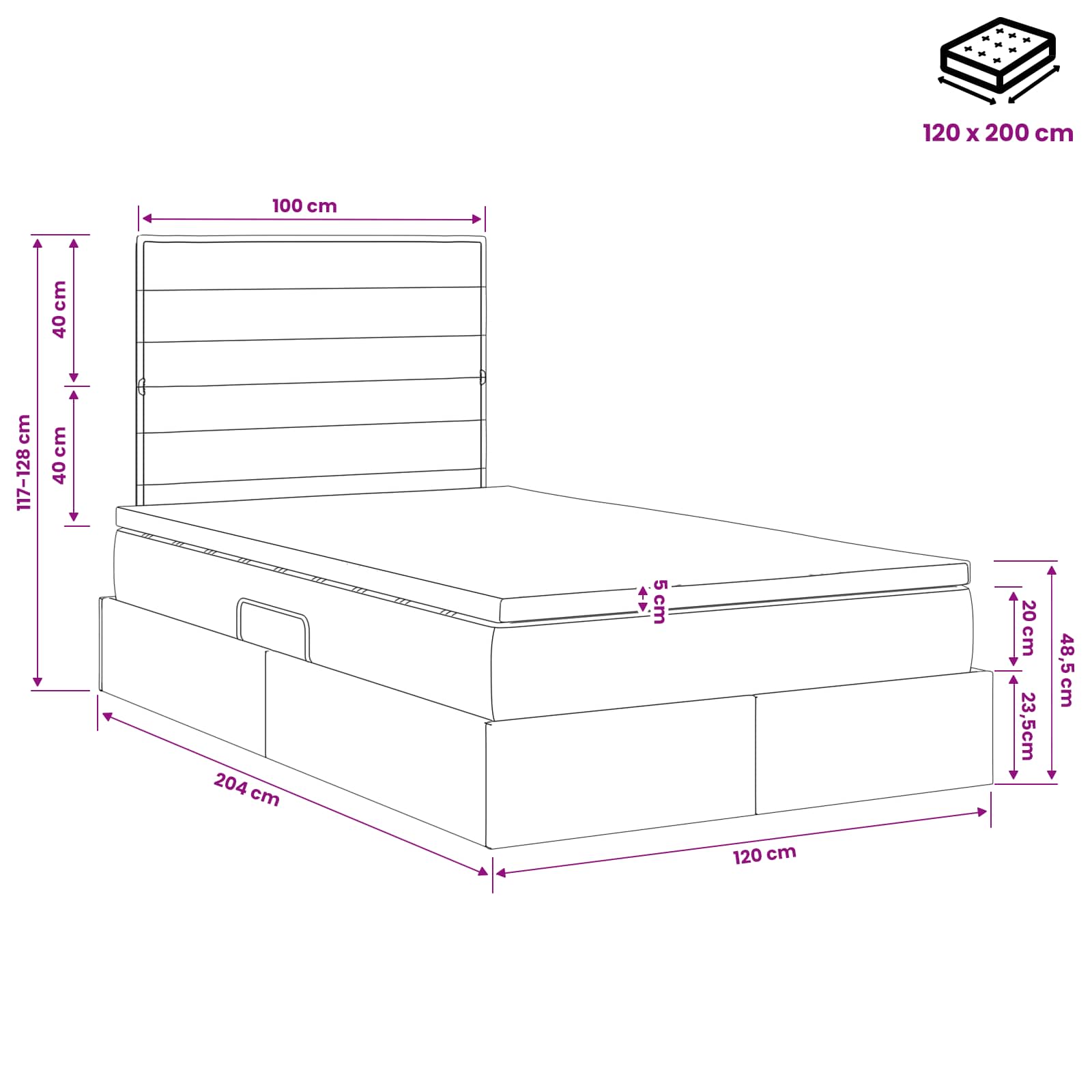 Lit avec rangement et matelas Gris foncé 120 x 200 cm tissu