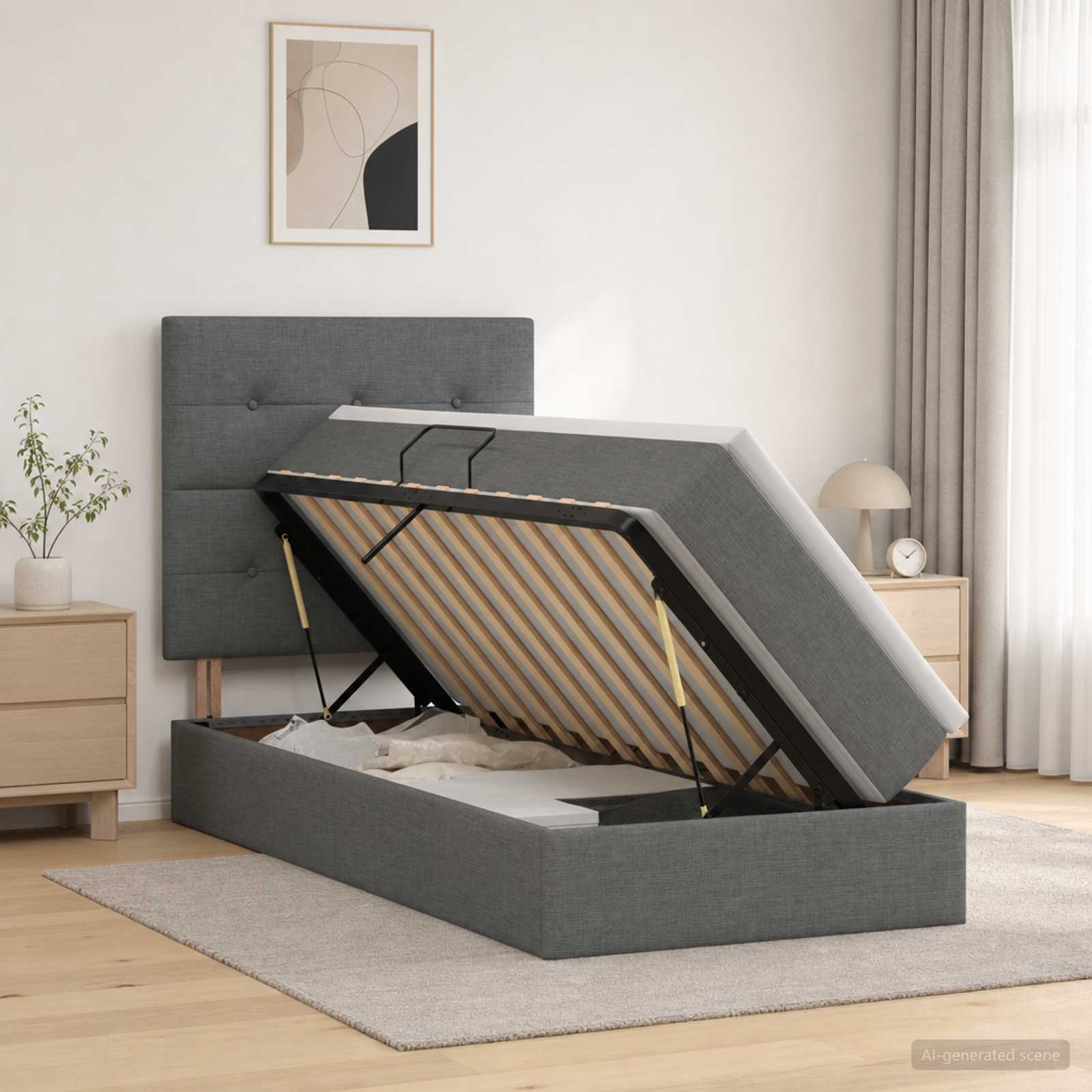 Lit avec rangement et matelas Gris foncé 90 x 200 cm tissu