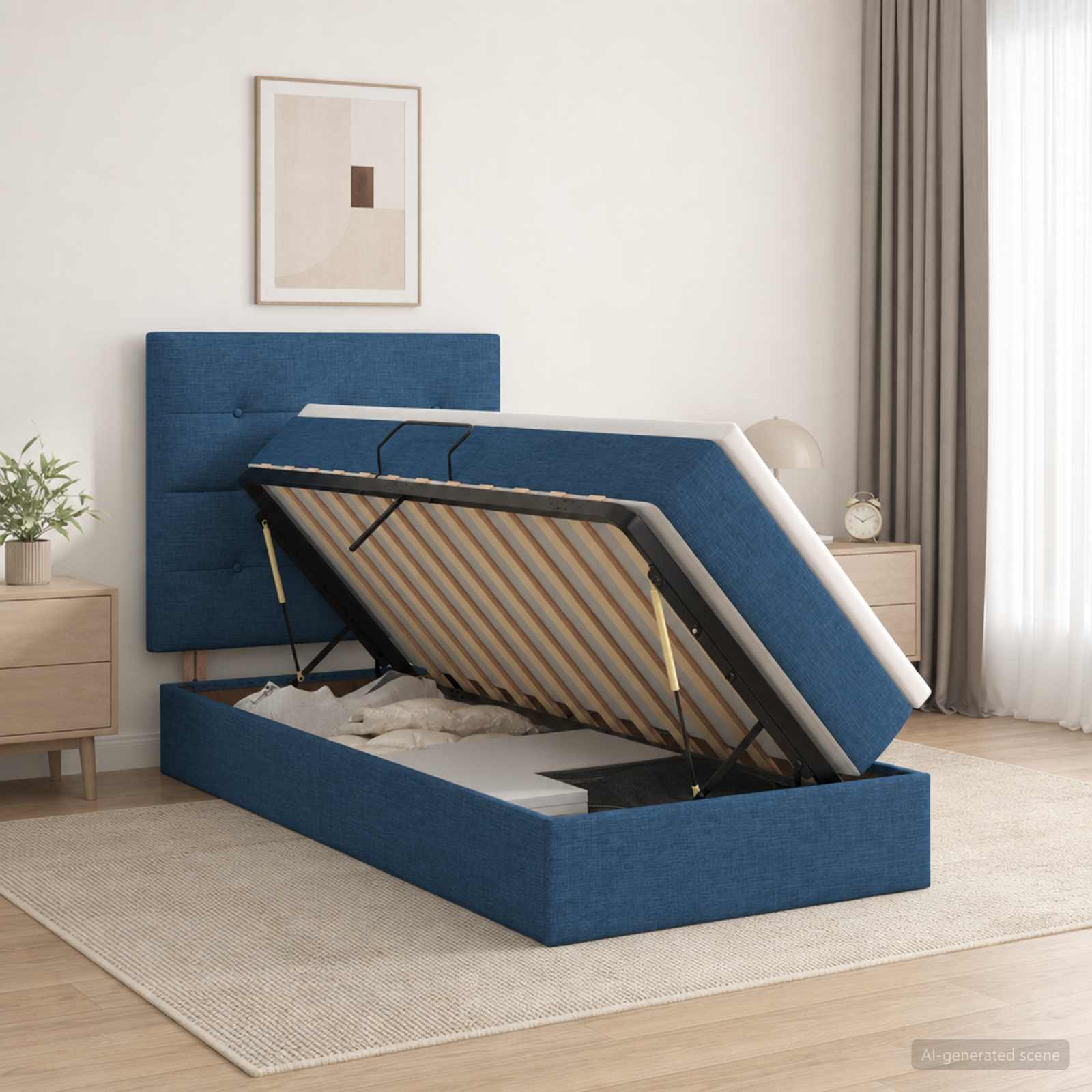 Lit avec rangement et matelas Bleu 90 x 200 cm tissu