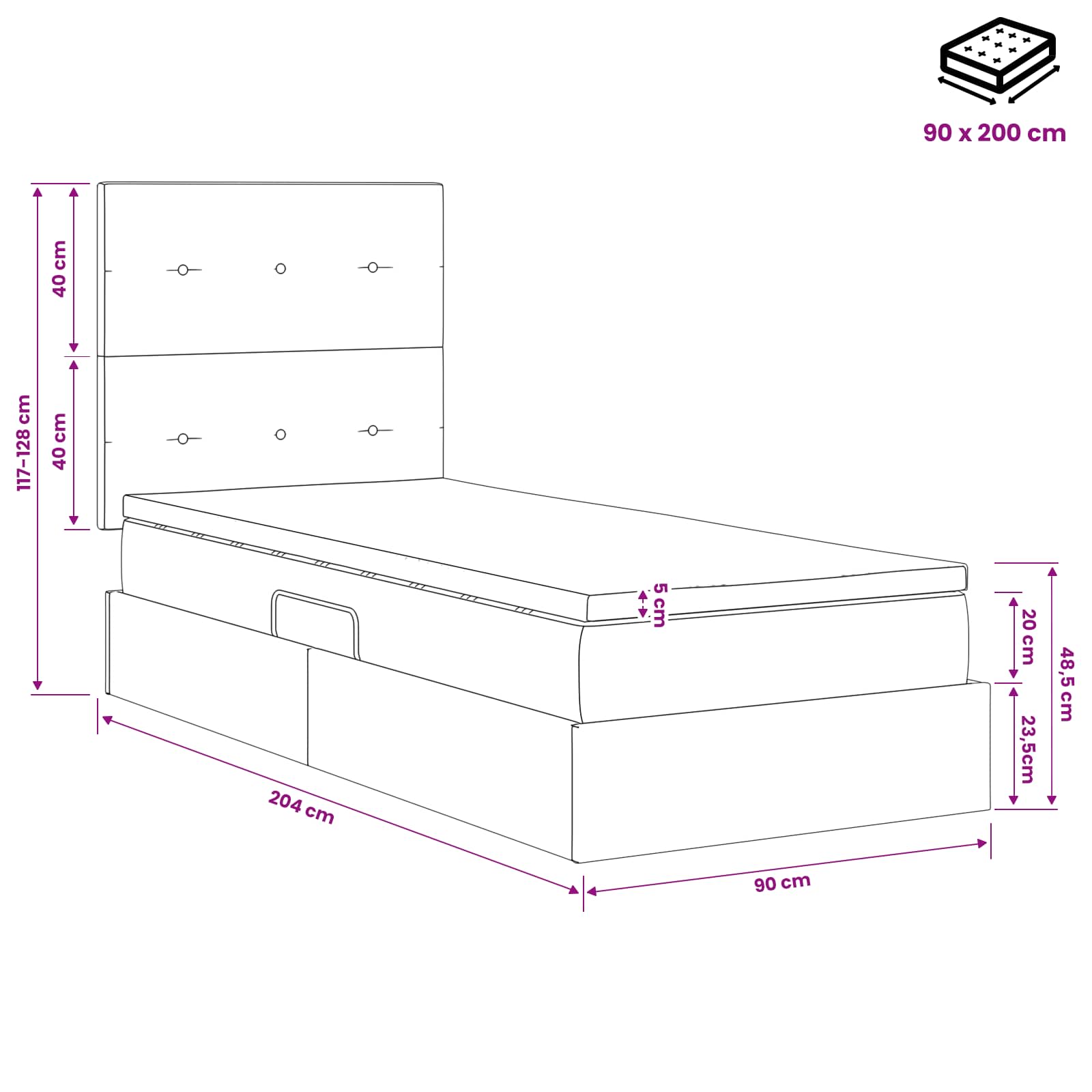 Lit avec rangement et matelas Taupe 90 x 200 cm tissu