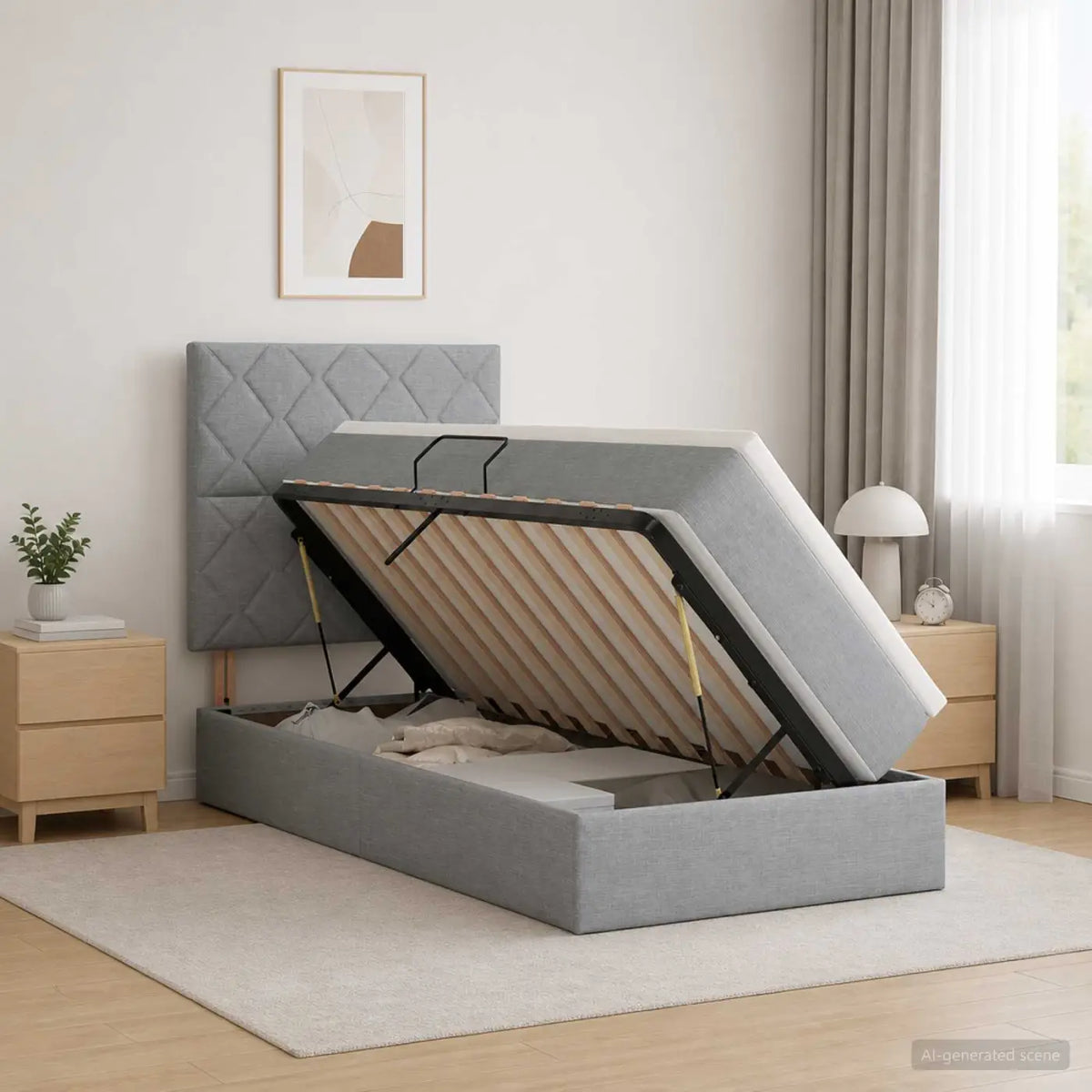 Lit avec rangement et matelas Gris clair 90 x 200 cm tissu - XIOS