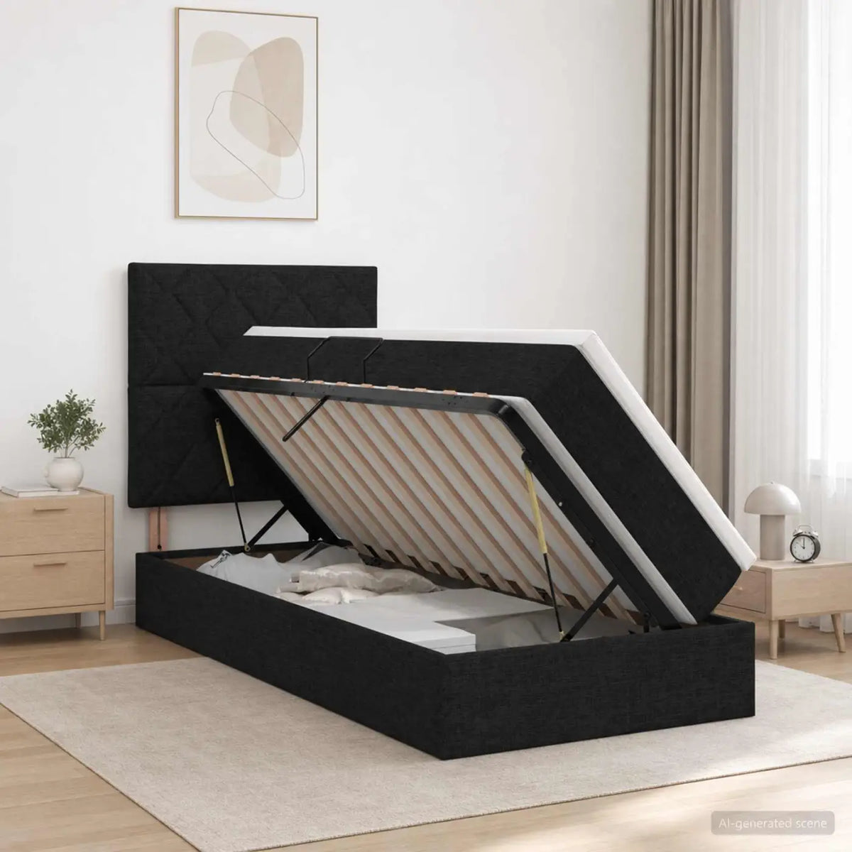 Lit avec rangement et matelas Noir 90 x 200 cm tissu - XIOS