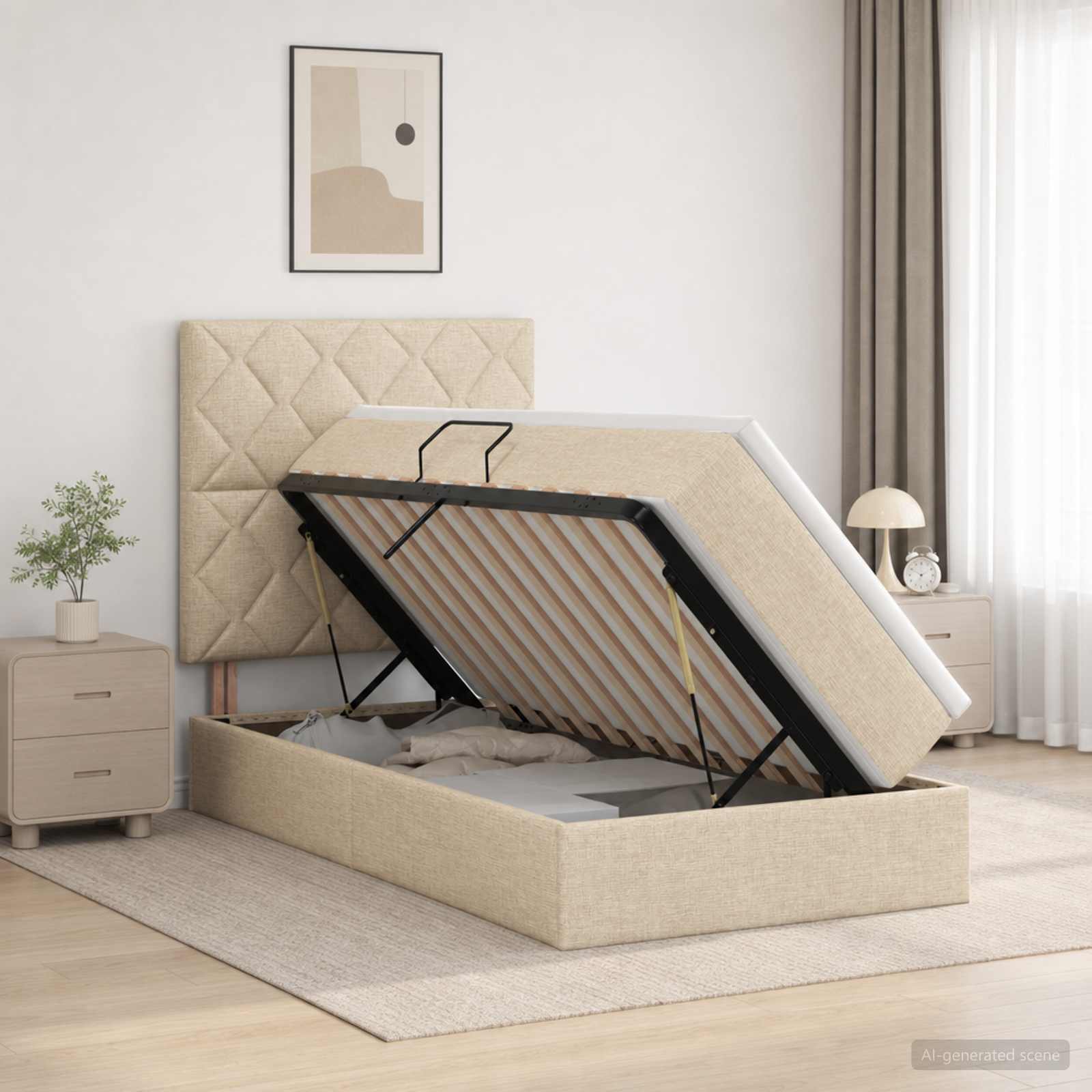 Lit de rangement LED avec matelas Crème 100 x 200 cm Tissu