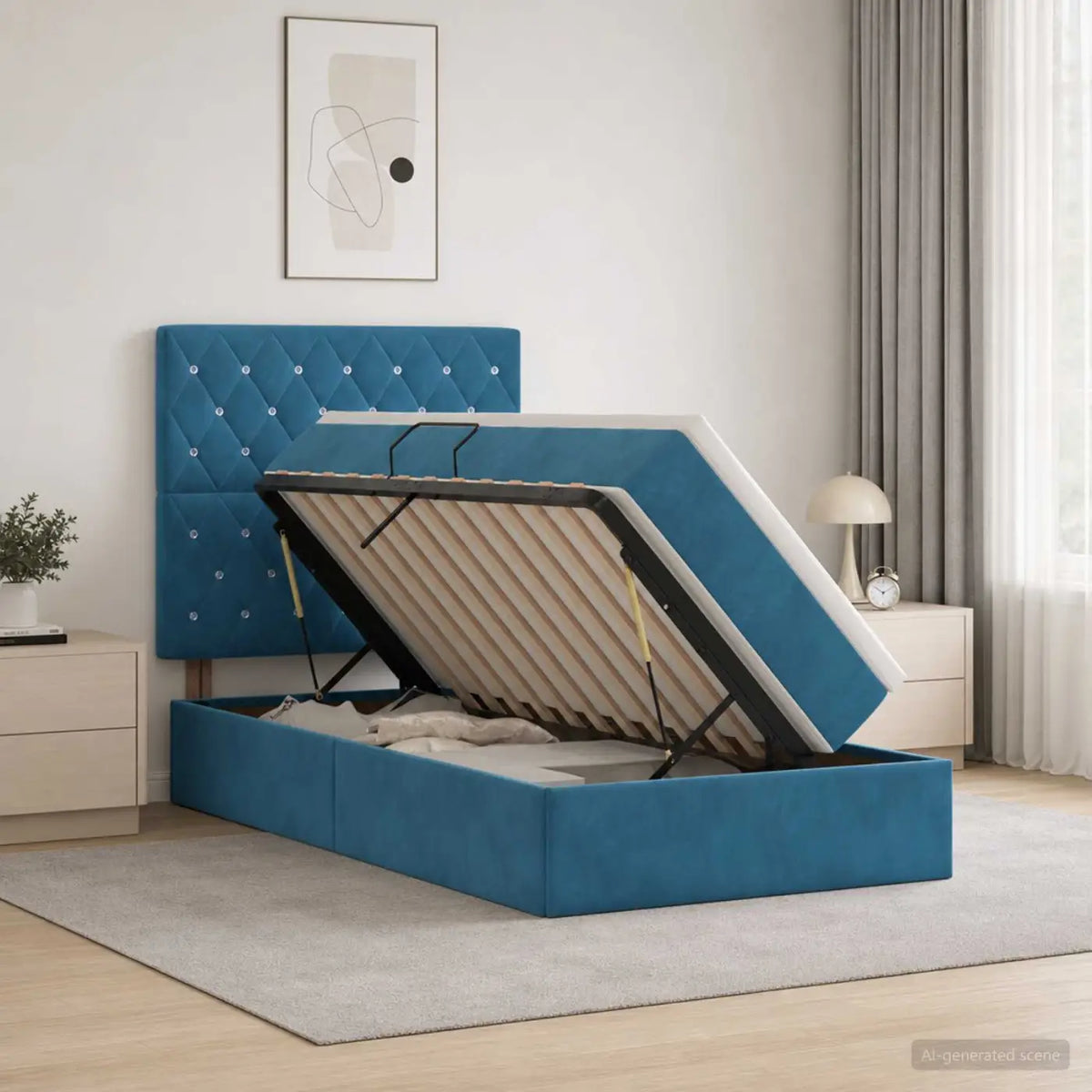 Lit de rangement LED avec matelas Bleu foncé 100 x 200 cm - XIOS
