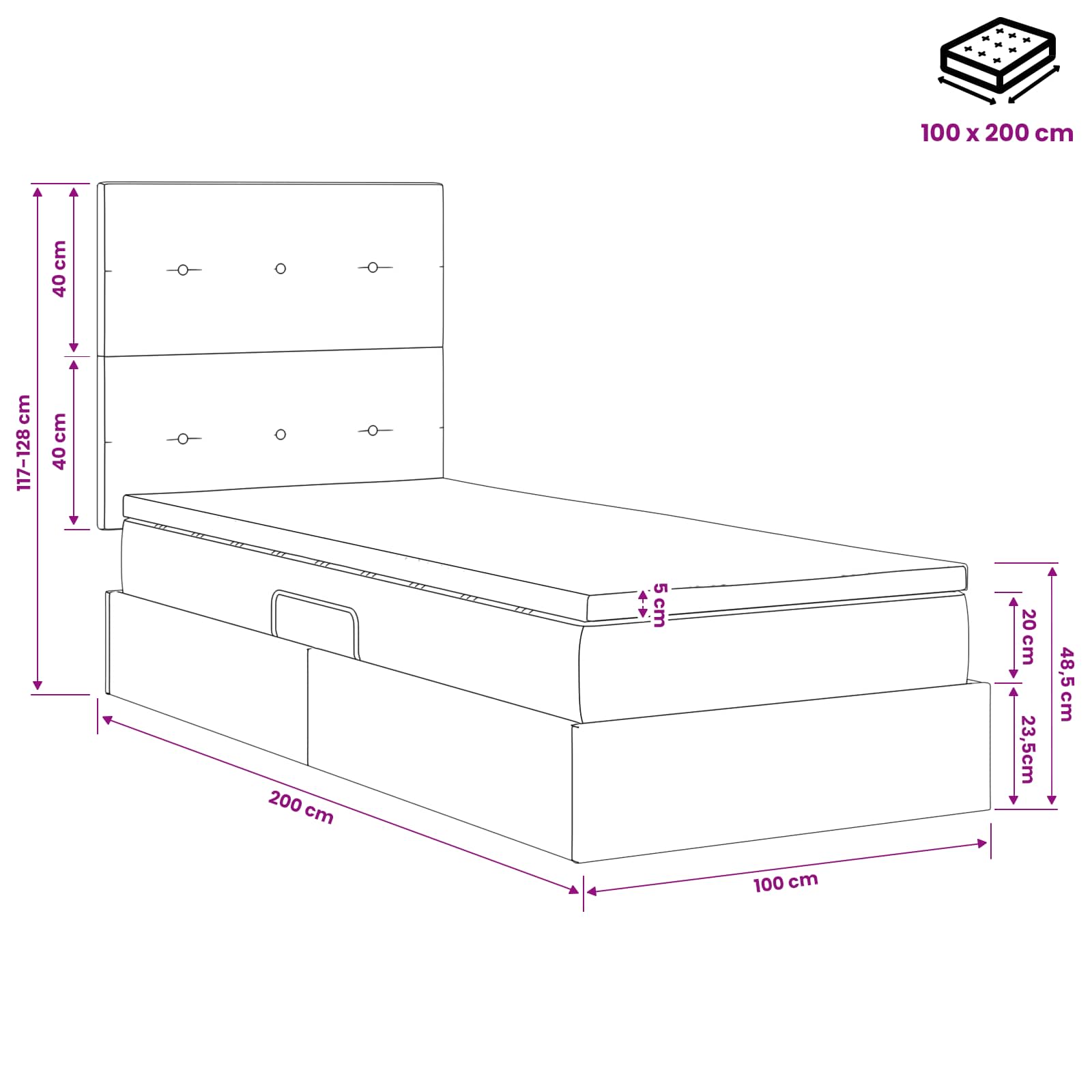 Lit avec rangement et matelas Rose 100 x 200 cm Velours