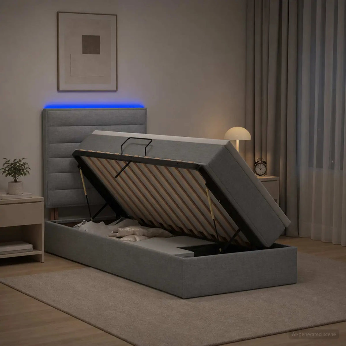 Lit de rangement LED avec matelas Gris clair 90 x 190 cm Tissu - XIOS