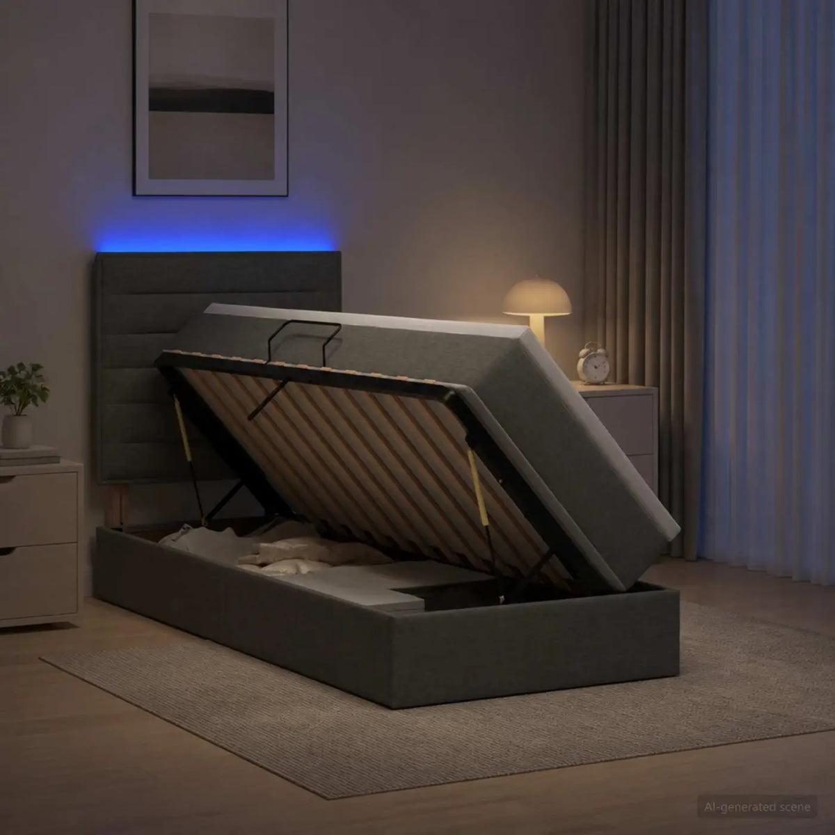 Lit de rangement LED avec matelas Gris foncé 90 x 200 cm Tissu - XIOS