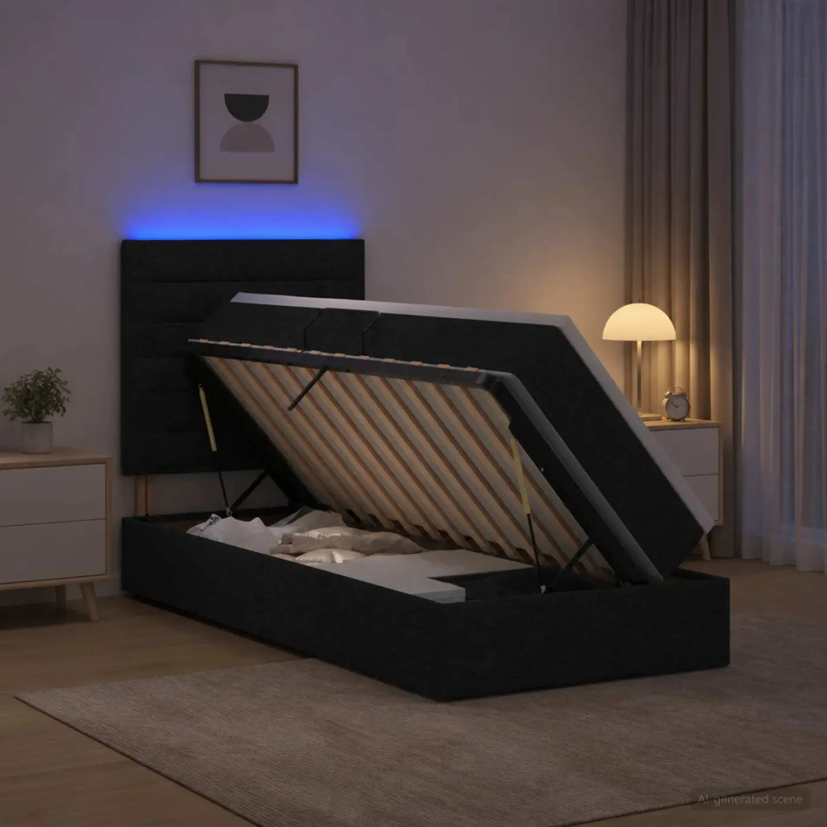 Lit de rangement LED avec matelas Noir 90 x 190 cm Tissu - XIOS