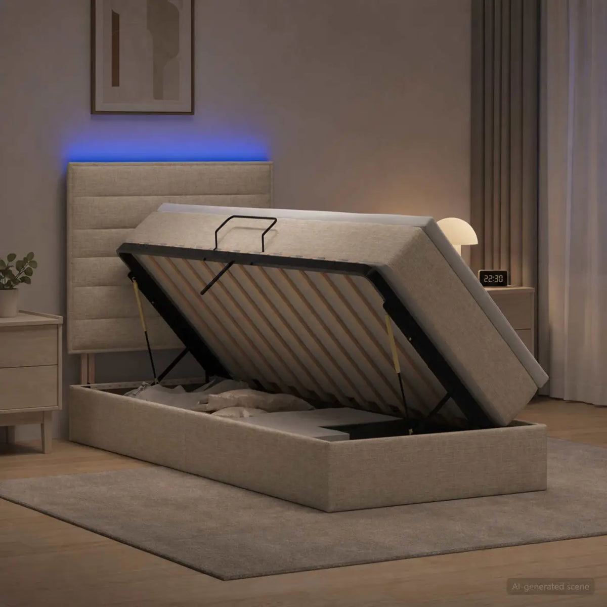 Lit de rangement LED avec matelas Crème 100 x 200 cm Tissu - XIOS