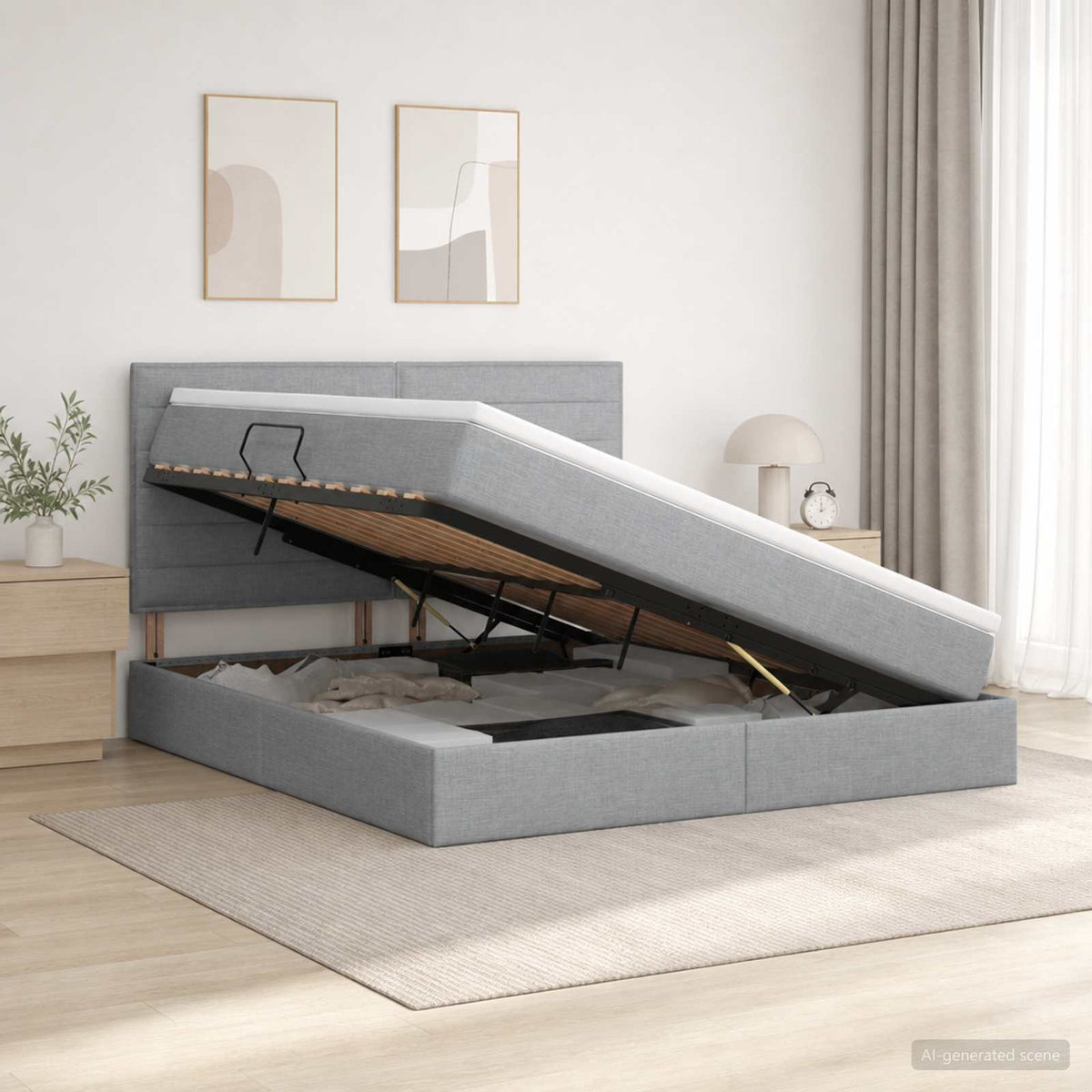 Lit avec rangement et matelas Gris clair 140 x 200 cm tissu