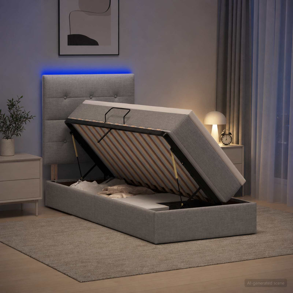 Lit de rangement LED avec matelas Gris clair 100 x 200 cm Tissu