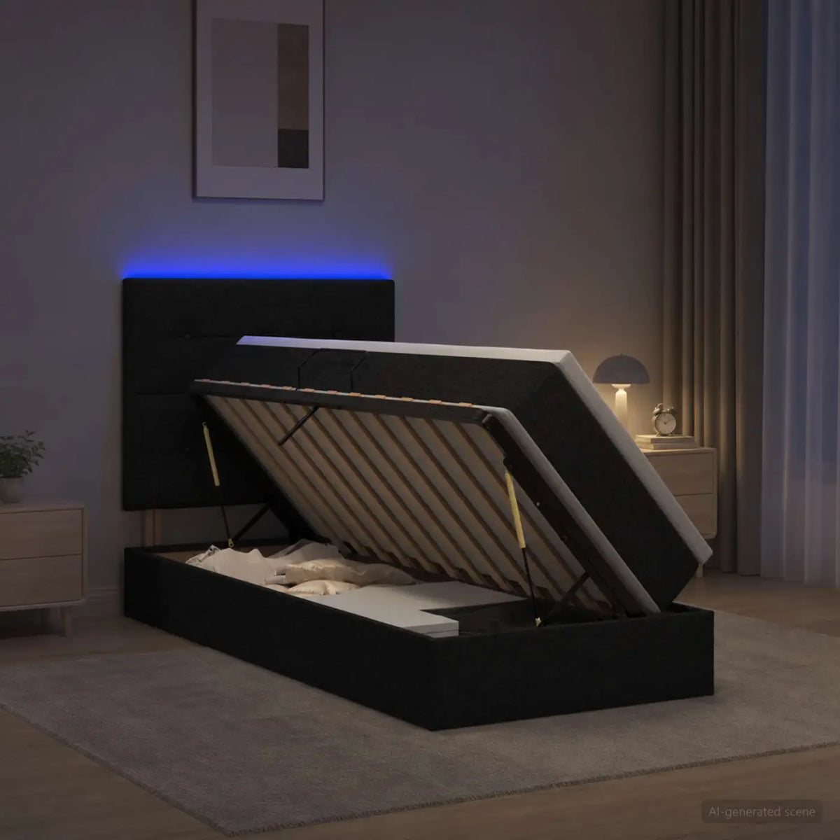 Lit de rangement LED avec matelas Noir 90 x 200 cm Tissu - XIOS