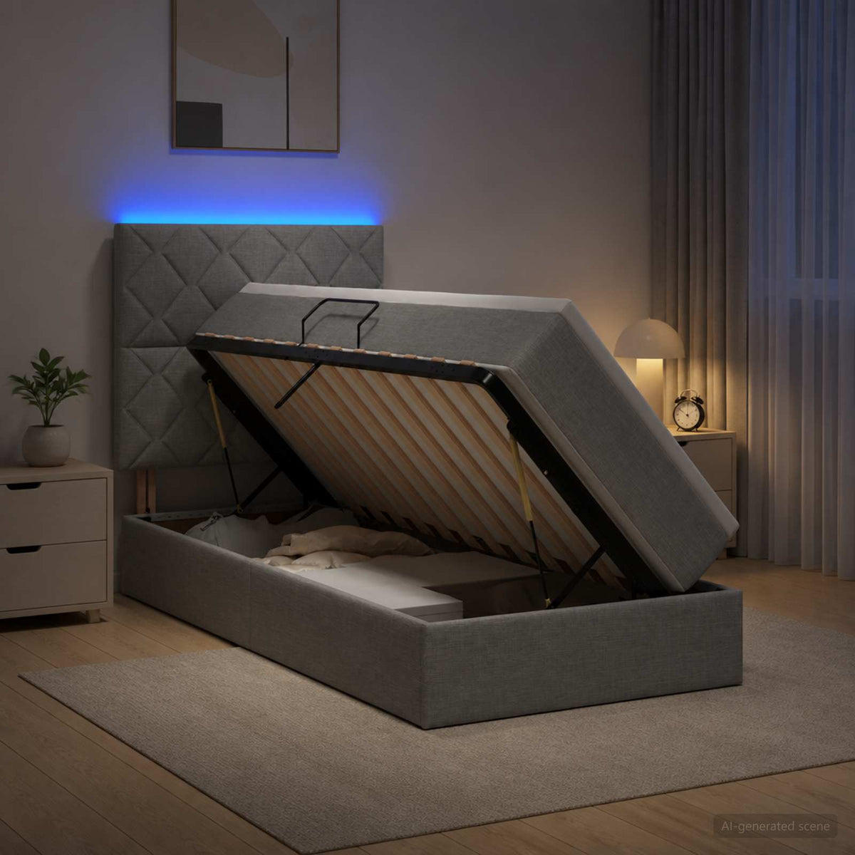 Lit de rangement LED avec matelas Gris clair 100 x 200 cm Tissu