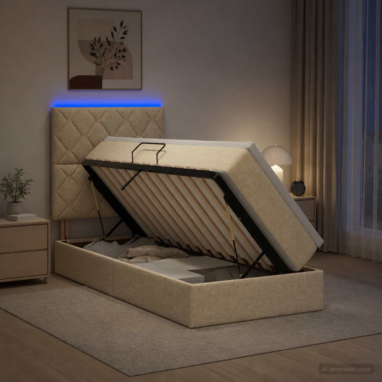 Lit de rangement LED avec matelas Crème 100 x 200 cm Tissu