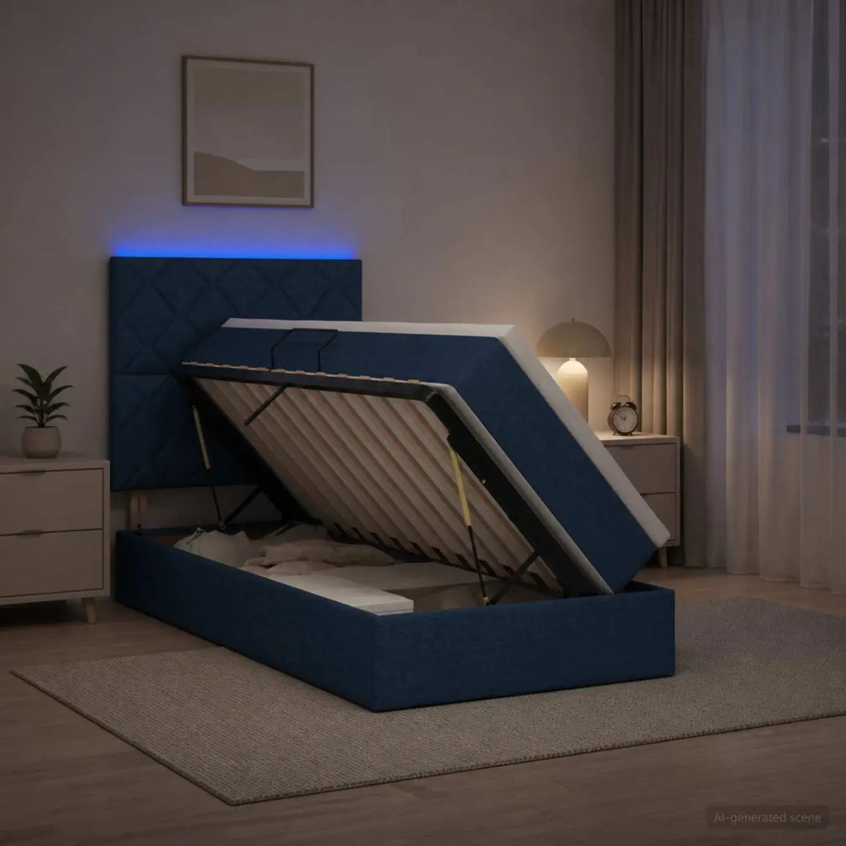 Lit de rangement LED avec matelas Bleu 100 x 200 cm Tissu - XIOS