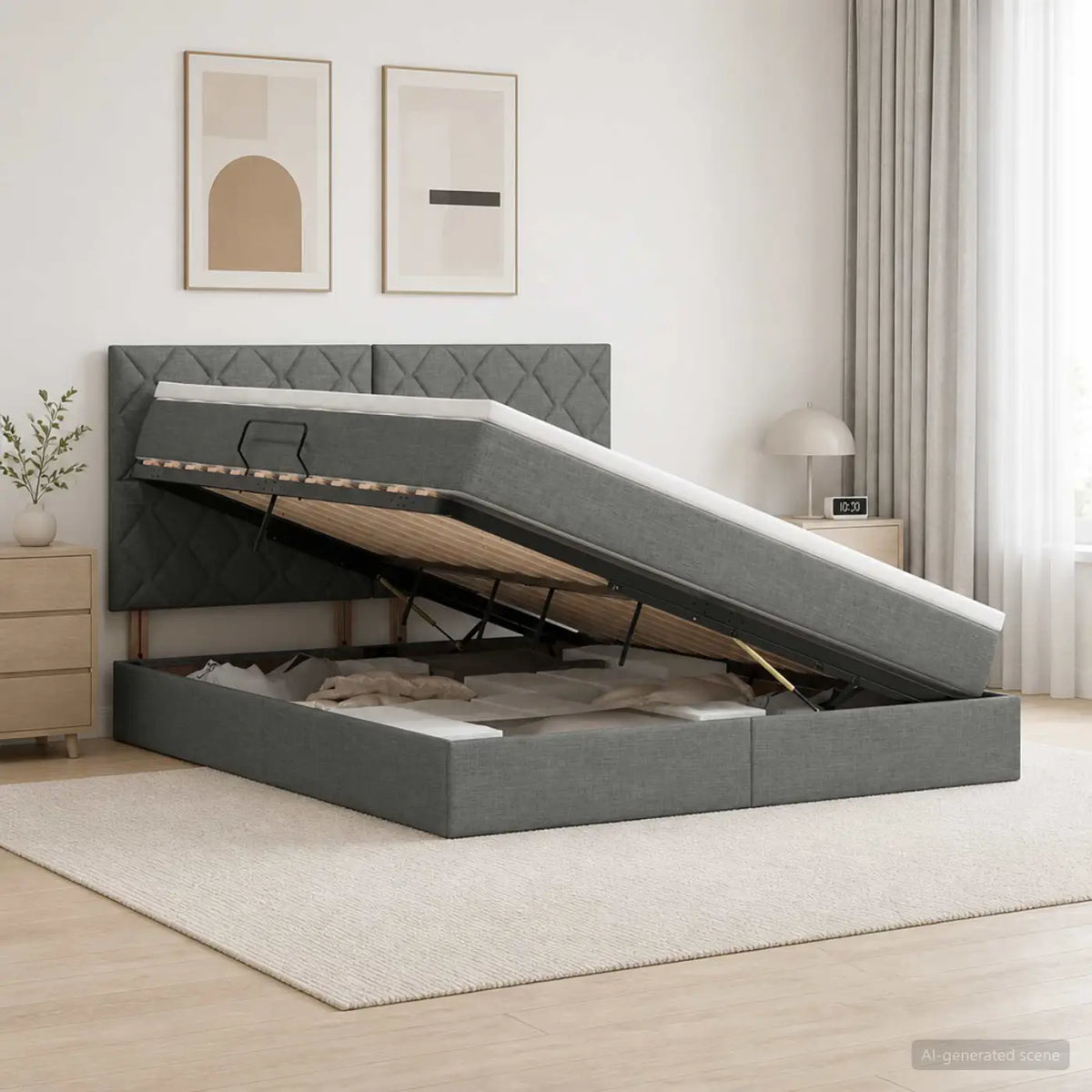 Lit avec rangement et matelas Gris foncé 140 x 200 cm tissu - XIOS