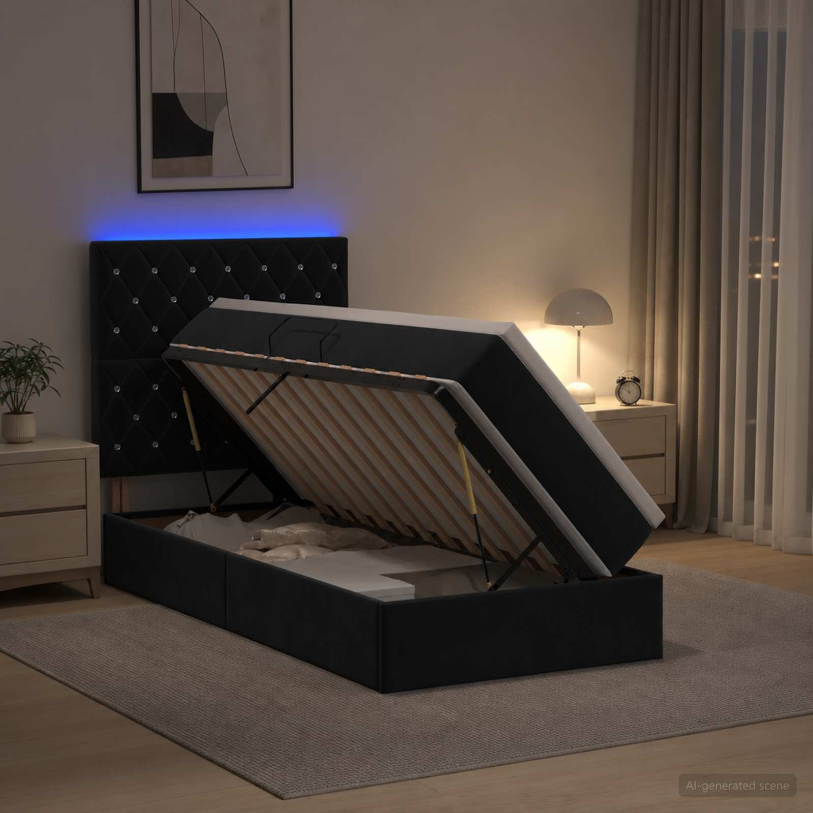 Lit de rangement LED avec matelas Noir 100 x 200 cm Velours