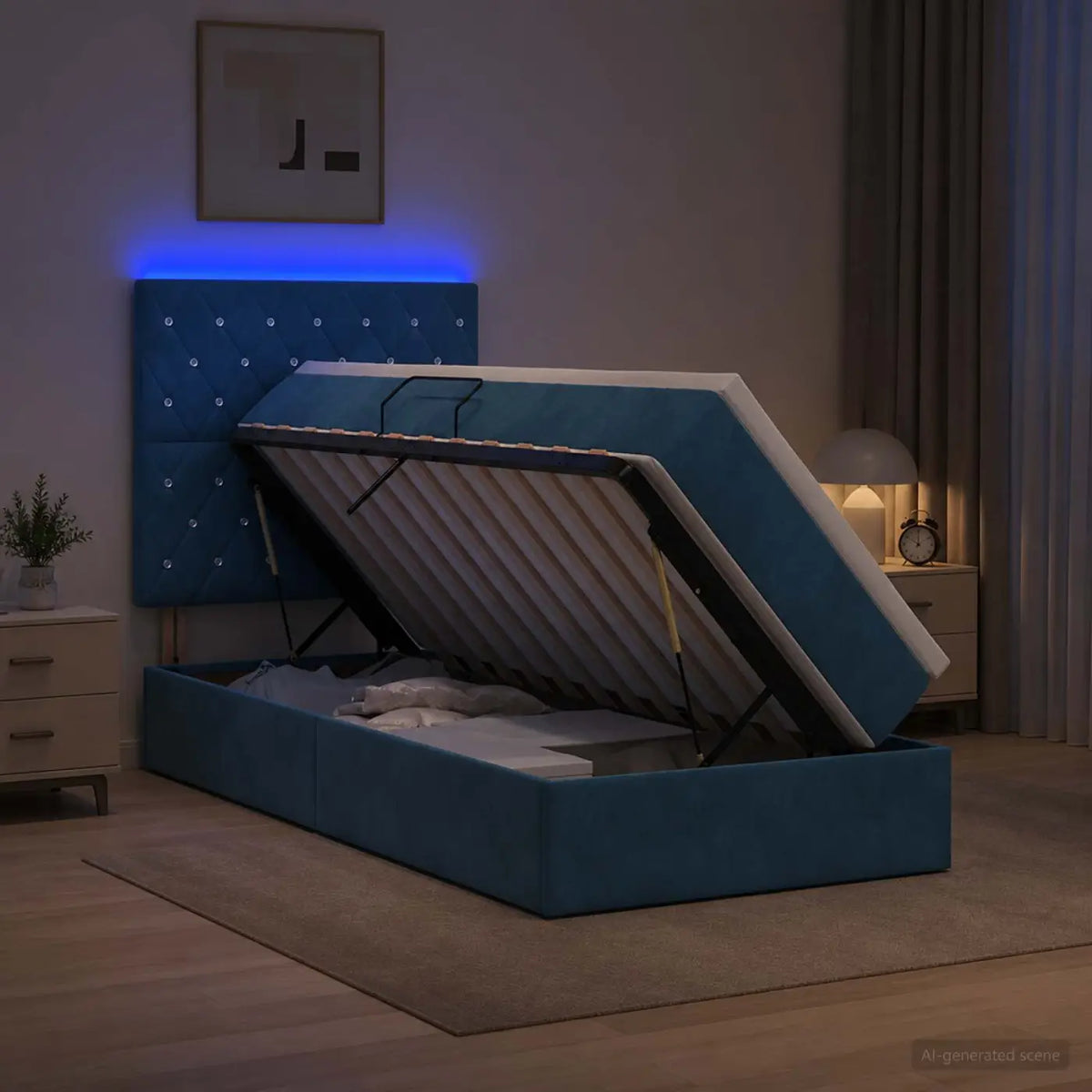 Lit de rangement LED avec matelas Bleu foncé 100 x 200 cm - XIOS