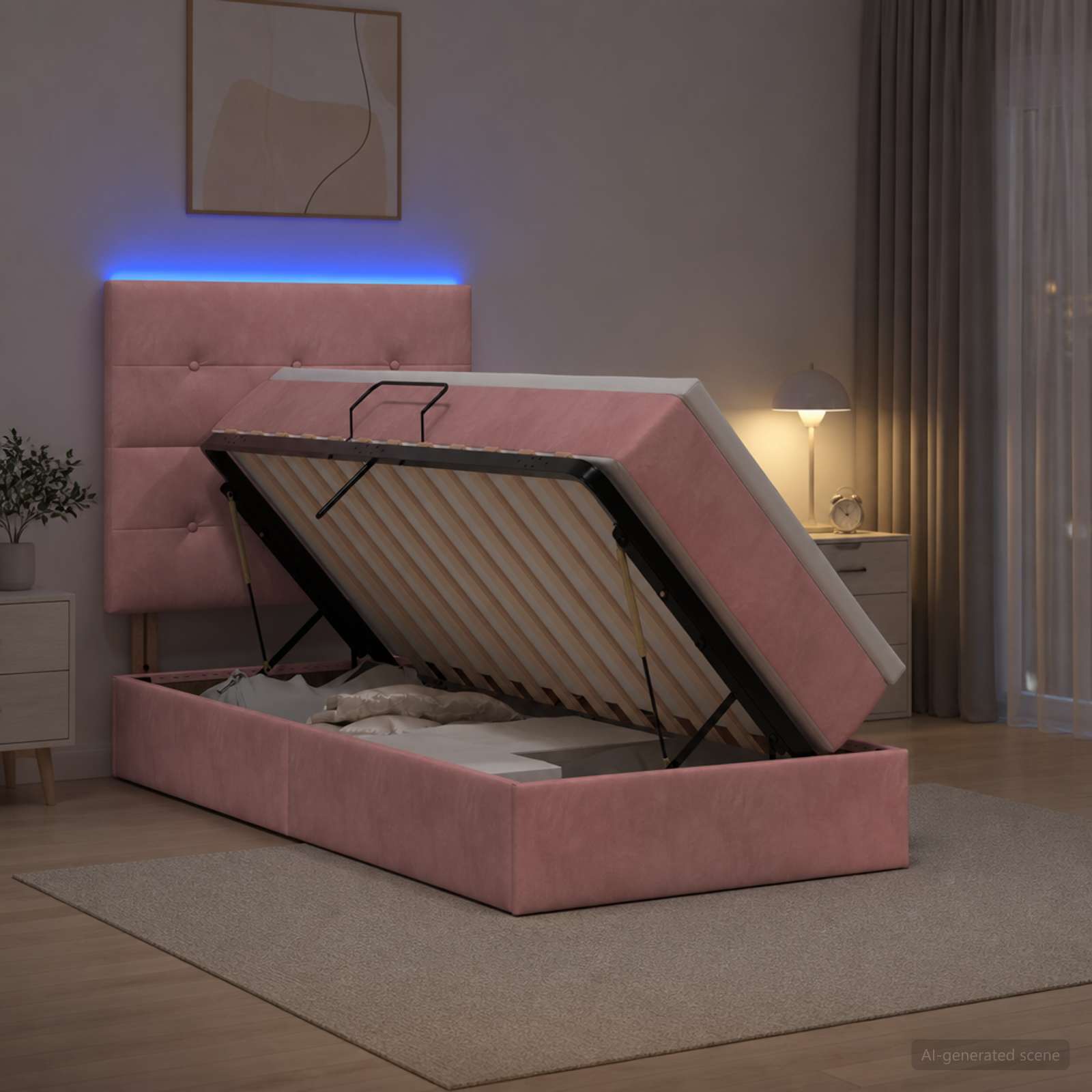 Lit de rangement LED avec matelas Rose 90 x 190 cm Velours